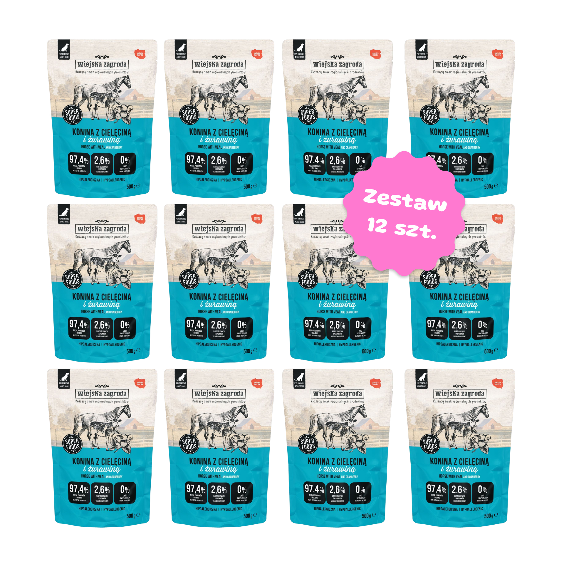 Zestaw 12 szt. saszetek karmy mokrej pełnoporcjowej - Wiejska Zagroda konina z cielęciną - 12 szt. saszetka 500g