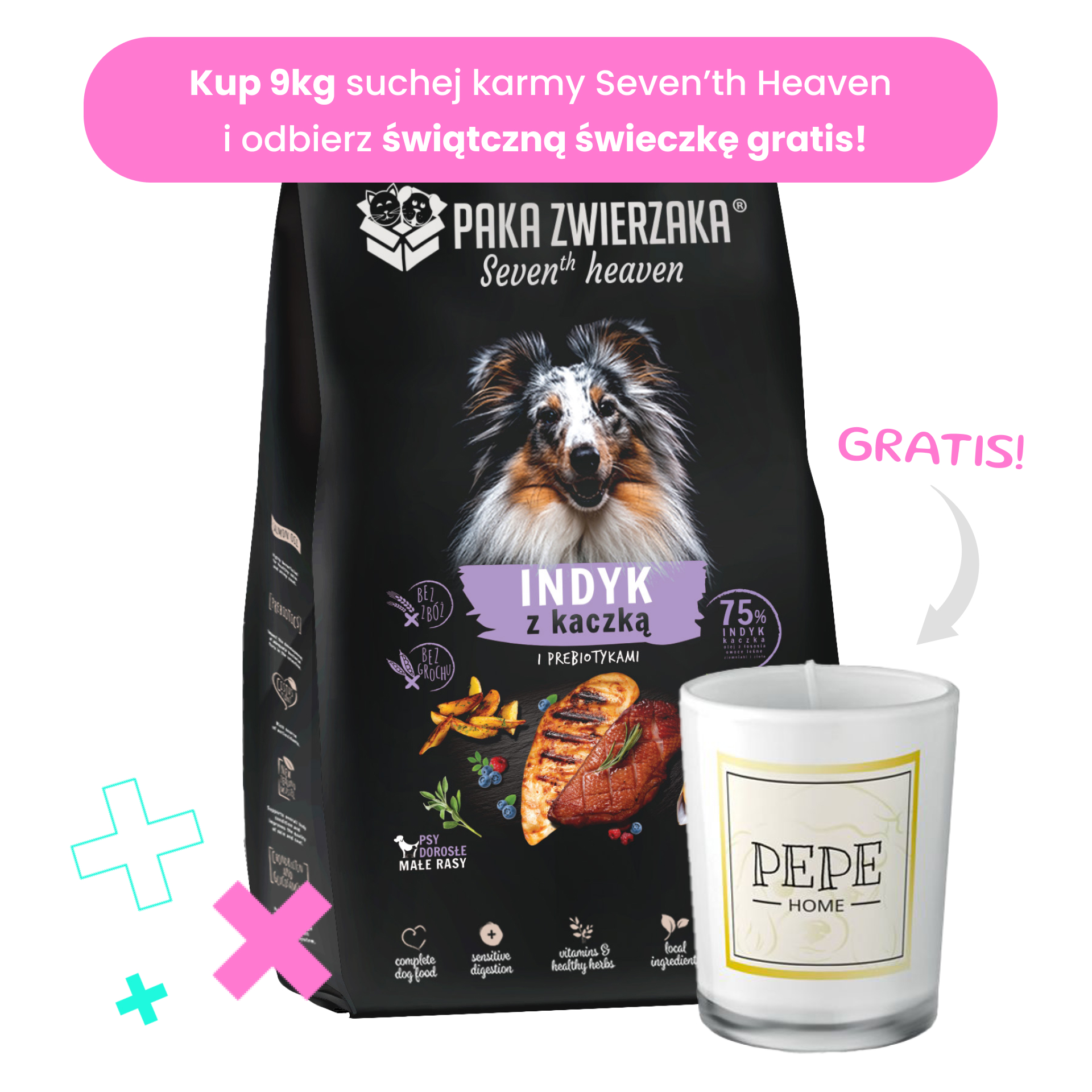 PAKA ZWIERZAKA sucha karma Seven’th Heaven Indyk z Kaczką Mini - dla małych ras 9kg +świeczka GRATIS!