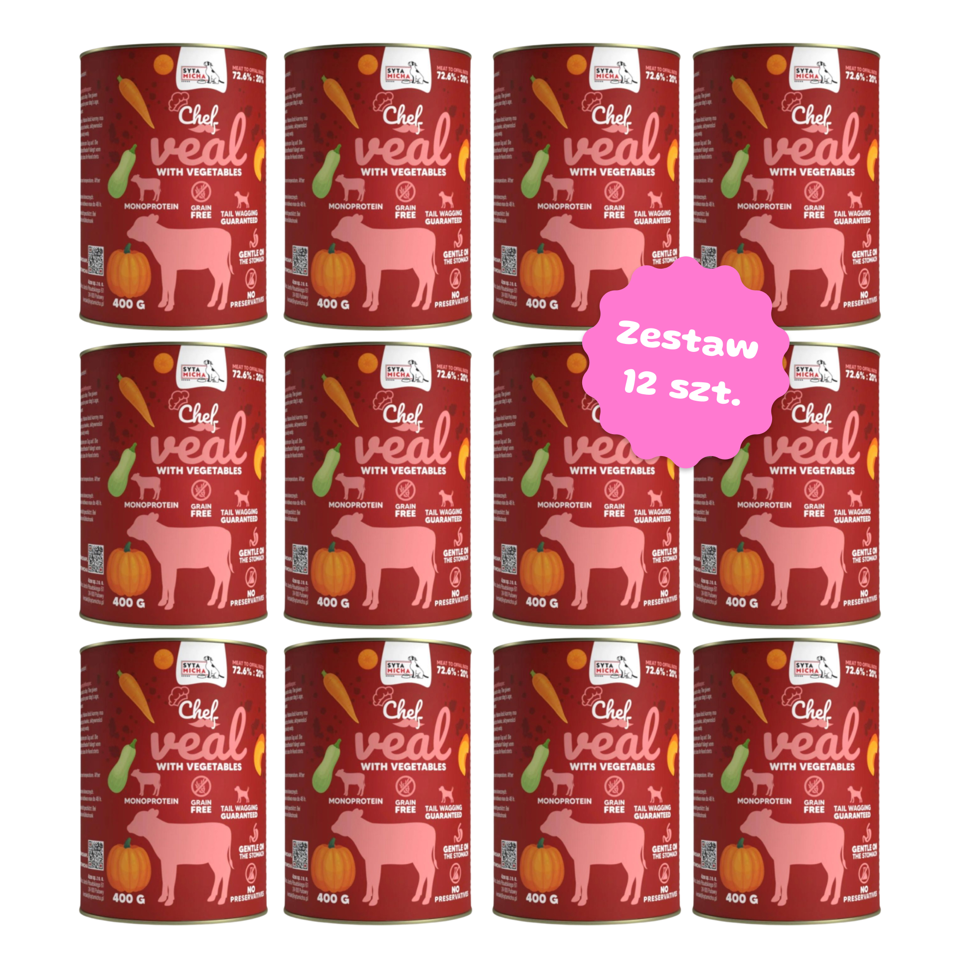 Zestaw 12 szt. puszek karmy mokrej monobiałkowej - Syta Micha CHEF Cielęcina - 12 szt. puszka 400g