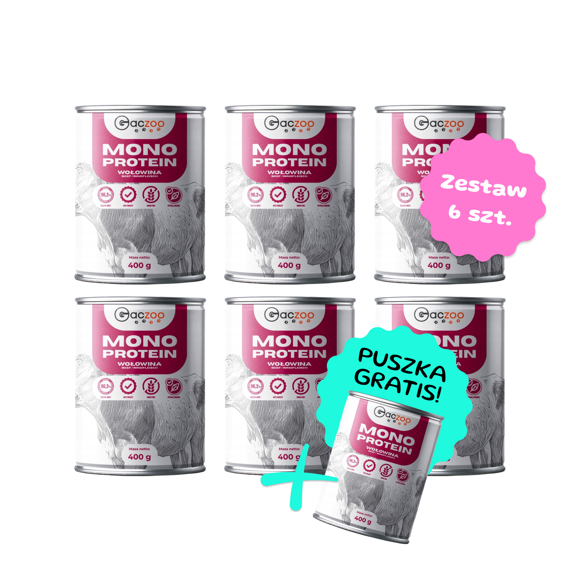 Zestaw 6 szt. puszek karmy mokrej monobiałkowej - Gaczoo Mono Protein Wołowina - 6 szt. puszka 400g + puszka GRATIS!