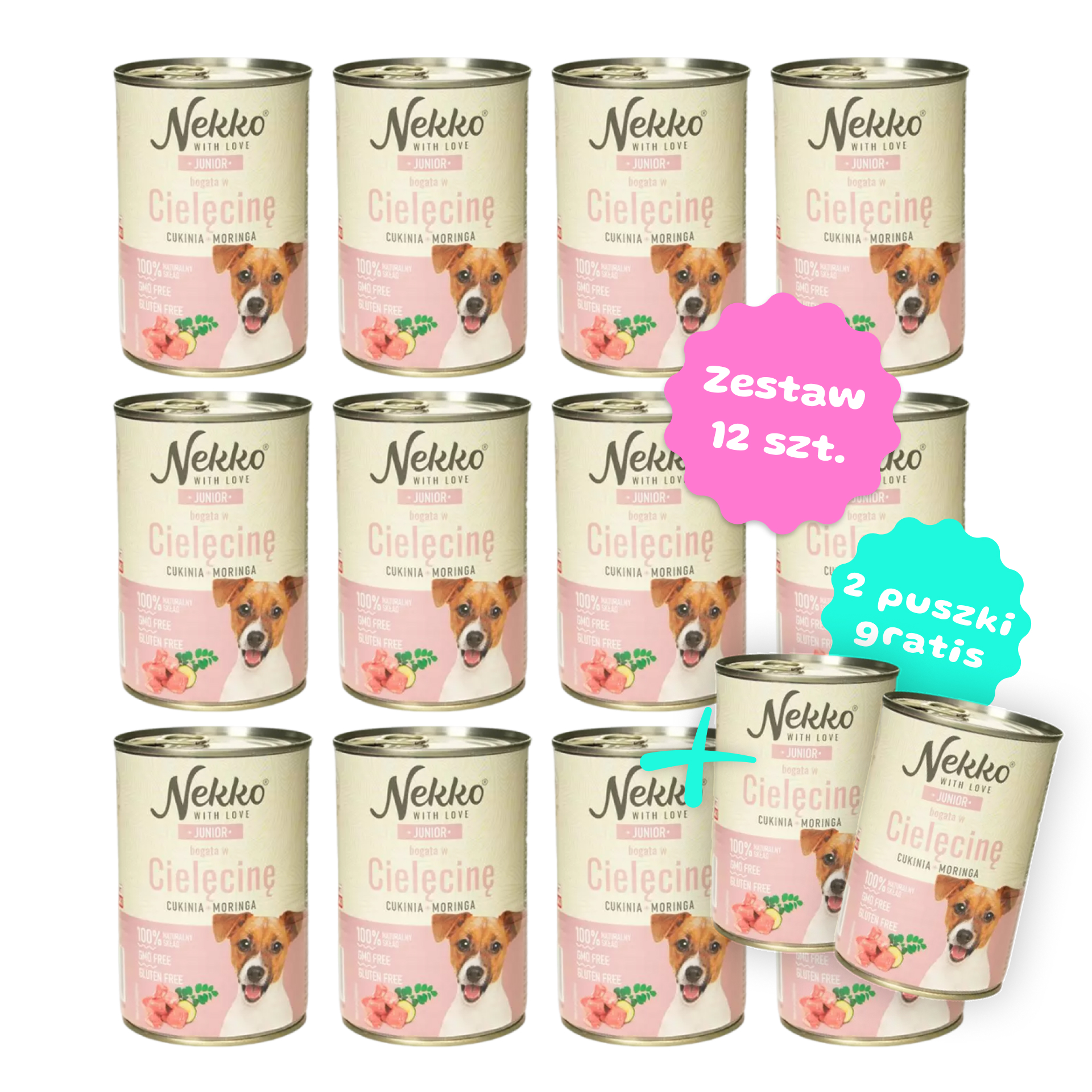 Zestaw 12 szt. puszek karmy mokrej - NEKKO Junior Cielęcina, cukinia, moringa - 12 szt. puszka 400g + 2 puszki GRATIS!