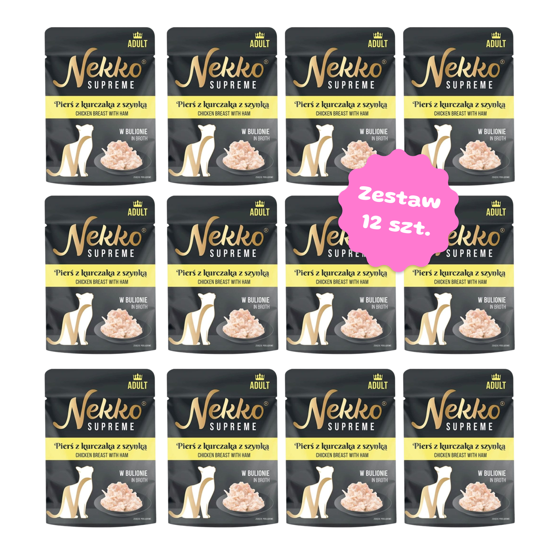 Zestaw 12 szt. saszetek dla kota - NEKKO SUPREME Adult Pierś z kurczaka z szynką w bulionie - 12 szt. saszetka 70g