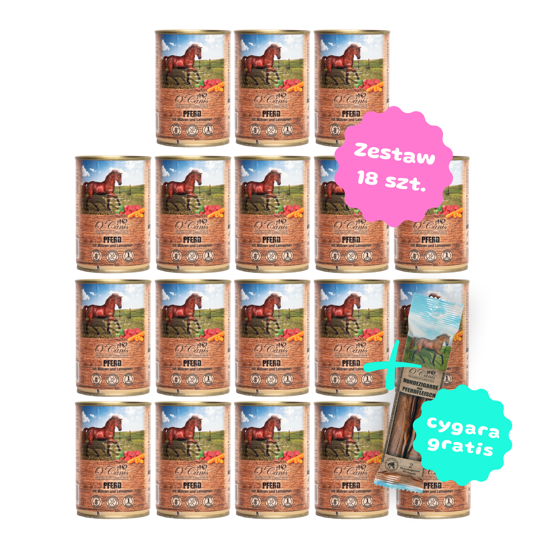 Zestaw 18 szt. puszek karmy mokrej monobiałkowej - O'Canis konina z warzywami i siemieniem lnianym - 18 szt. puszka 400g + 2 cygara GRATIS!