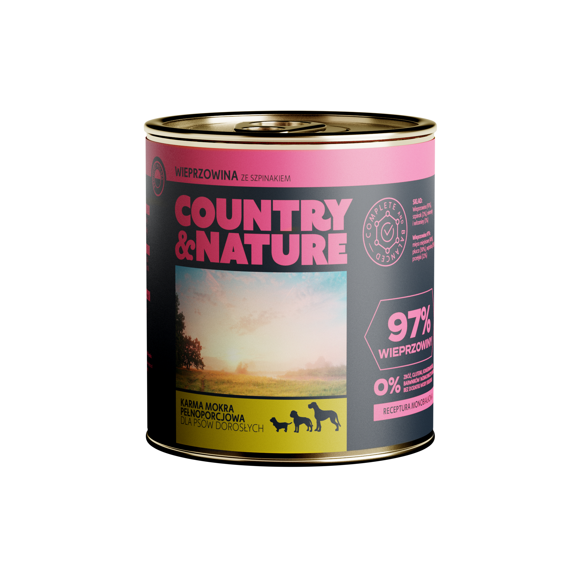 COUNTRY&NATURE Bezzbożowa mokra karma - wieprzowina ze szpinakiem 850g