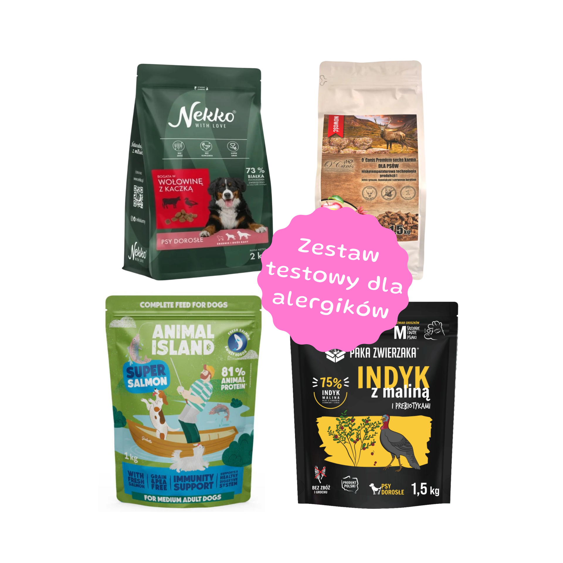 Zestaw 4 szt. karmy suchej dla alergików - O'Canis Paka Zwierzaka, Animal Island, NEKKO - 4 szt. worek 1,5-2kg