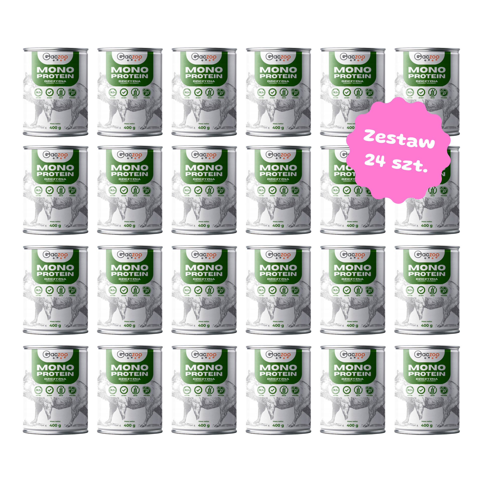 Zestaw 24 szt. puszek karmy mokrej monobiałkowej - Gaczoo Mono Protein Dziczyzna - 24 szt. puszka 400g