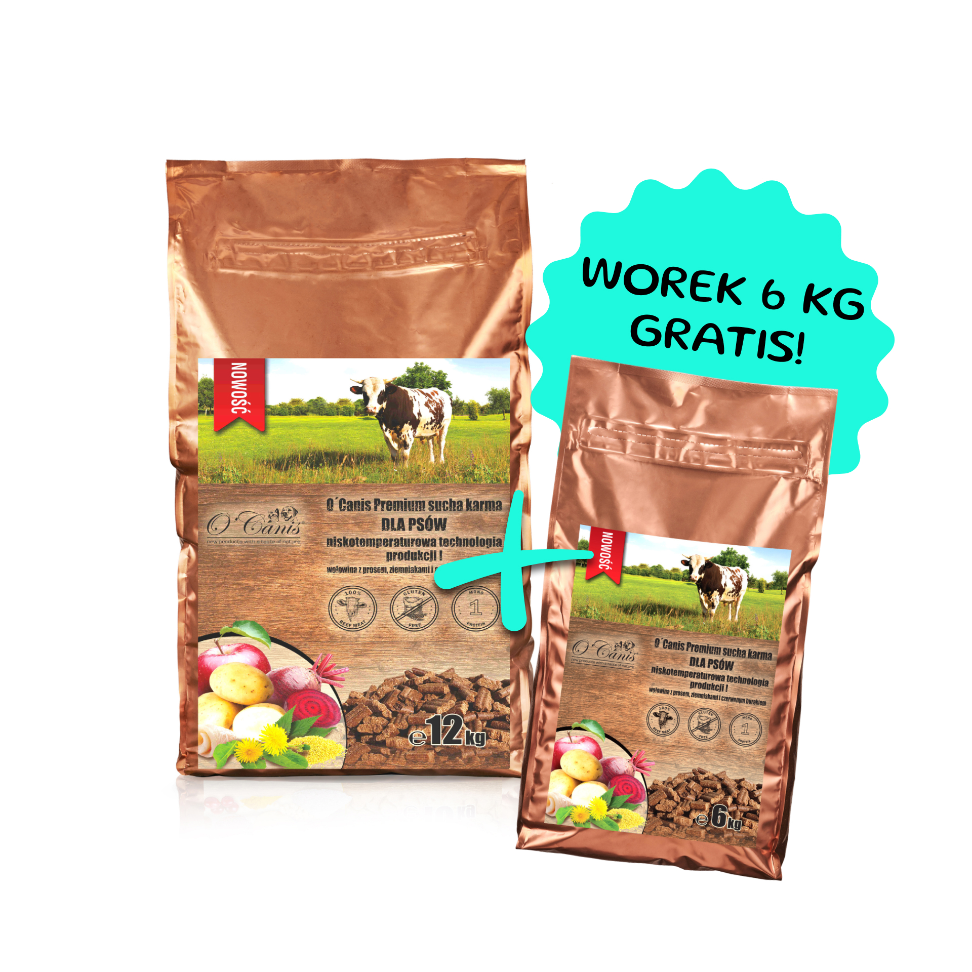 O'Canis sucha karma Premium dla psa z wołowiną, prosem, kartoflami i czerwonym burakiem 12kg + worek 6kg GRATIS!