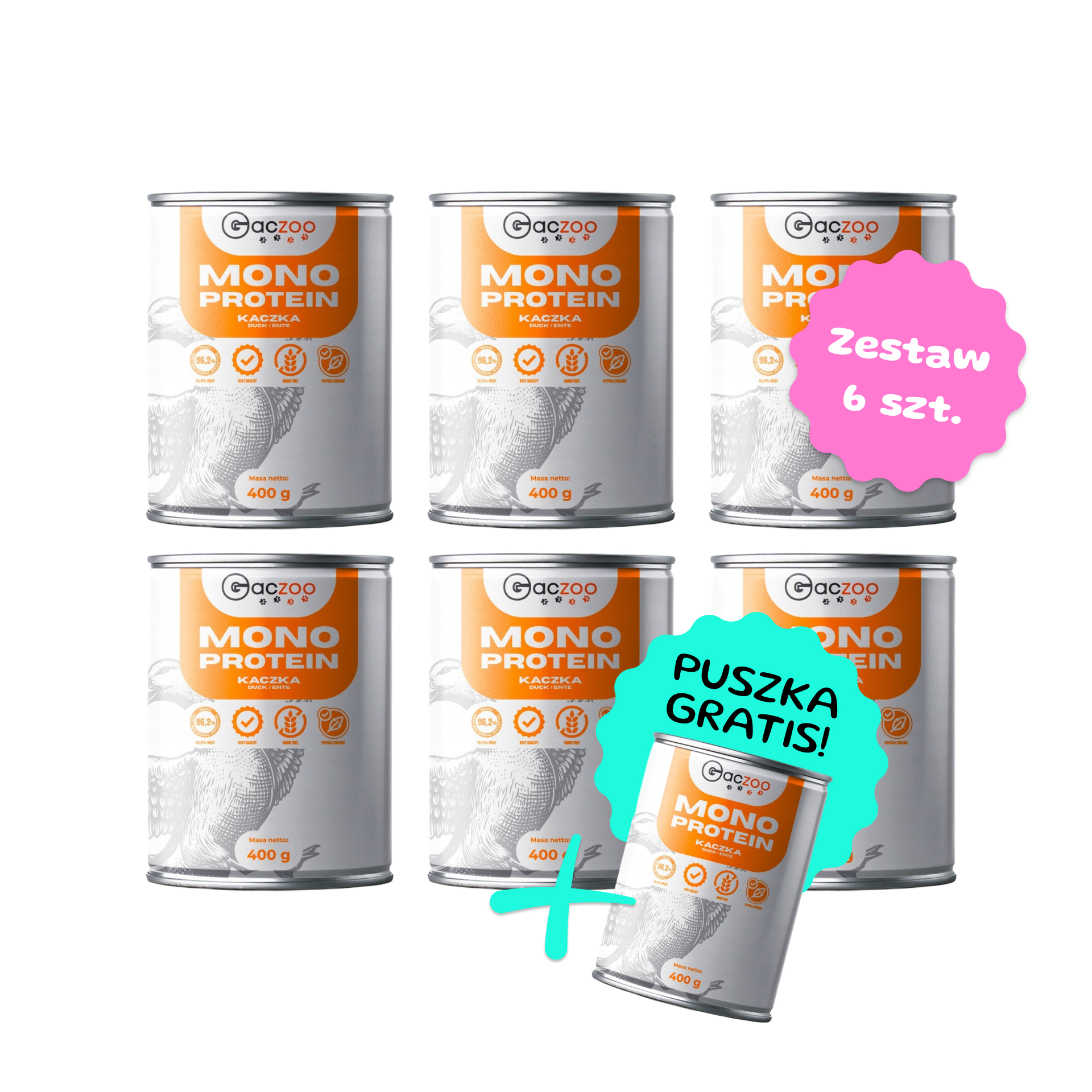 Zestaw 6 szt. puszek karmy mokrej monobiałkowej - Gaczoo Mono Protein Kaczka - 6 szt. puszka 400g + puszka GRATIS!