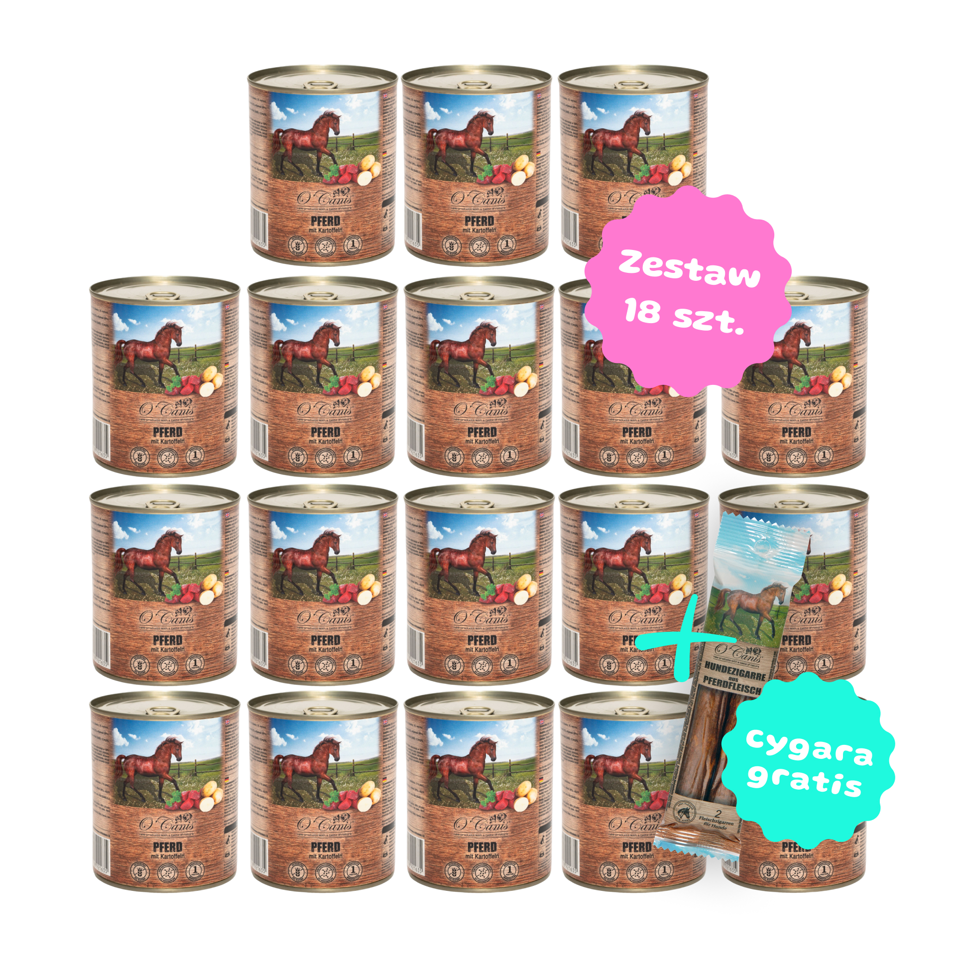 Zestaw 18 szt. puszek karmy mokrej monobiałkowej  - O'Canis konina z ziemniakami - 18 szt. puszka 800g + 2 cygara GRATIS!