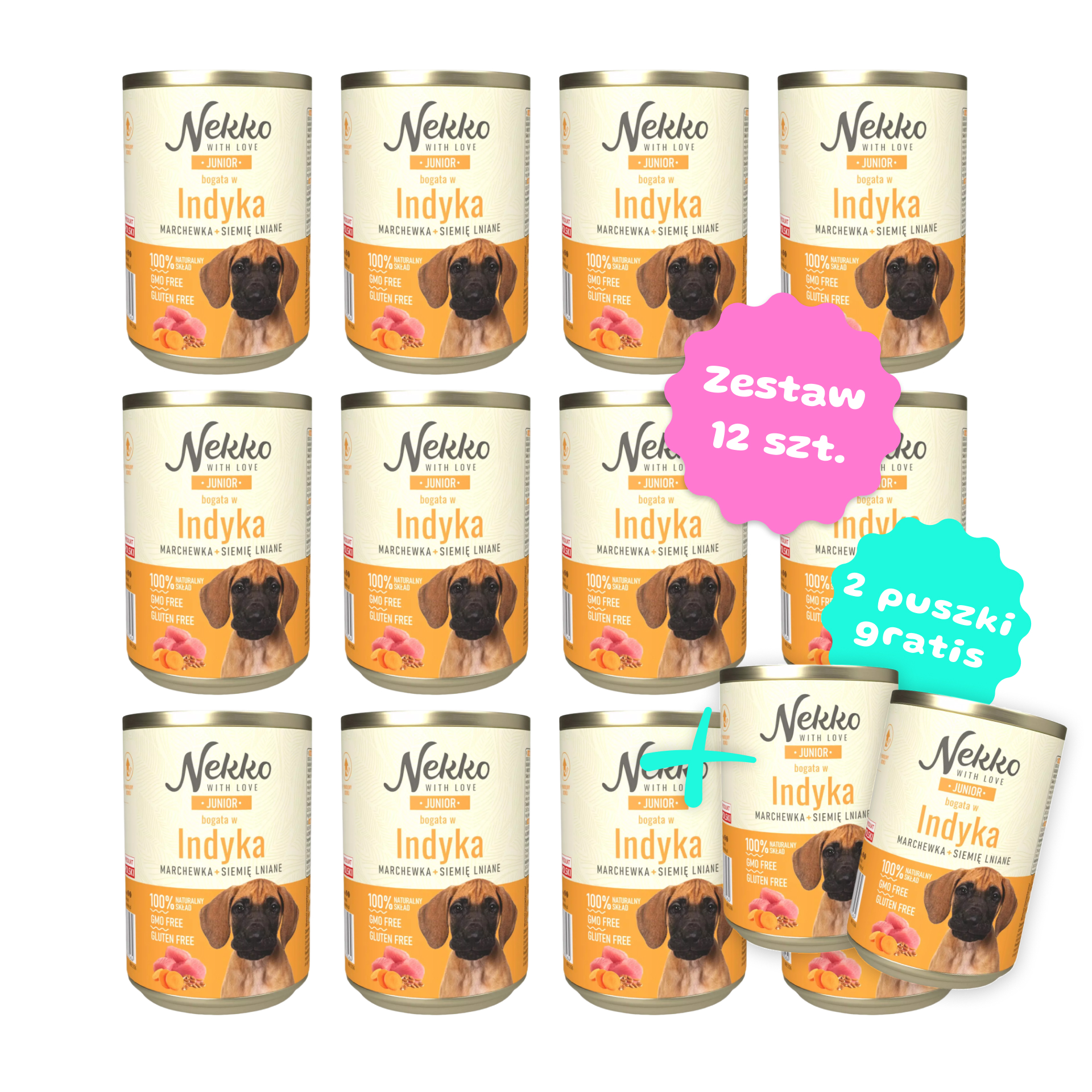 Zestaw 12 szt. puszek karmy mokrej - NEKKO Junior Indyk, marchewka, siemię lniane - 12 szt. puszka 400g + 2 puszki GRATIS!