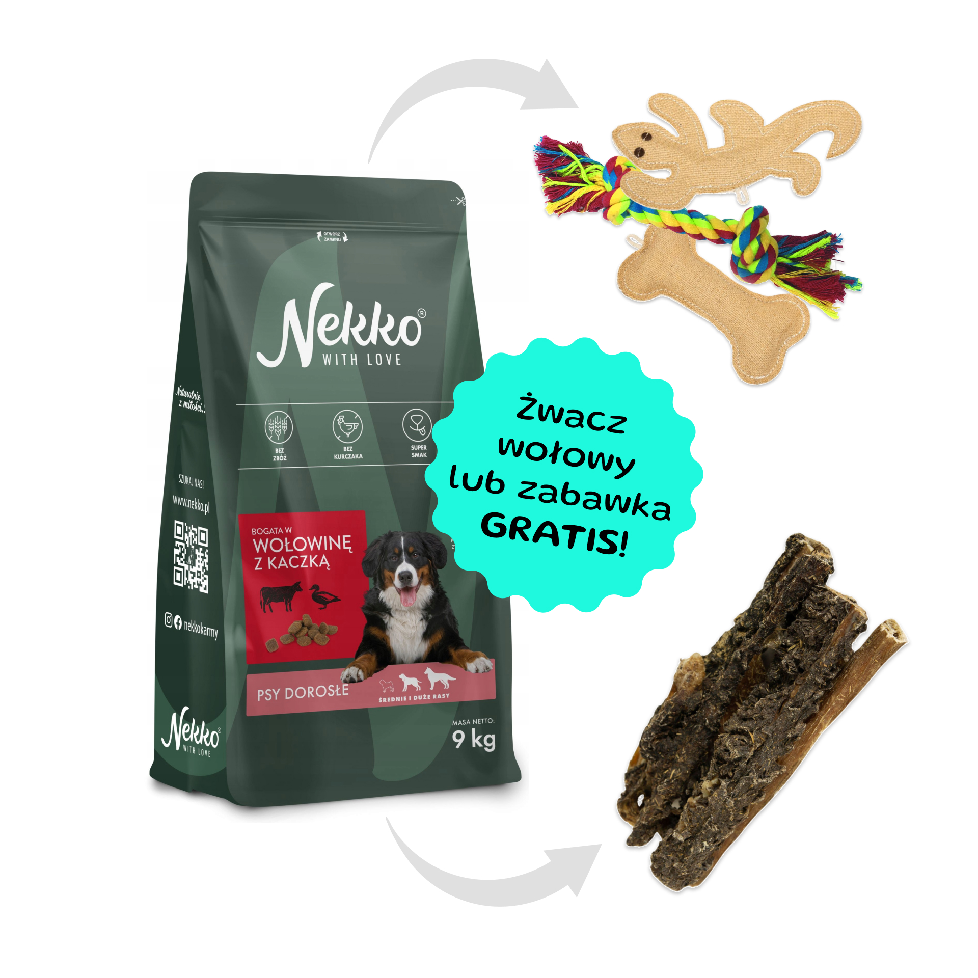 NEKKO Bezzbożowa karma sucha wołowina z kaczką dla psów dorosłych średnich i dużych ras 9kg + zabawka lub żwacz GRATIS!
