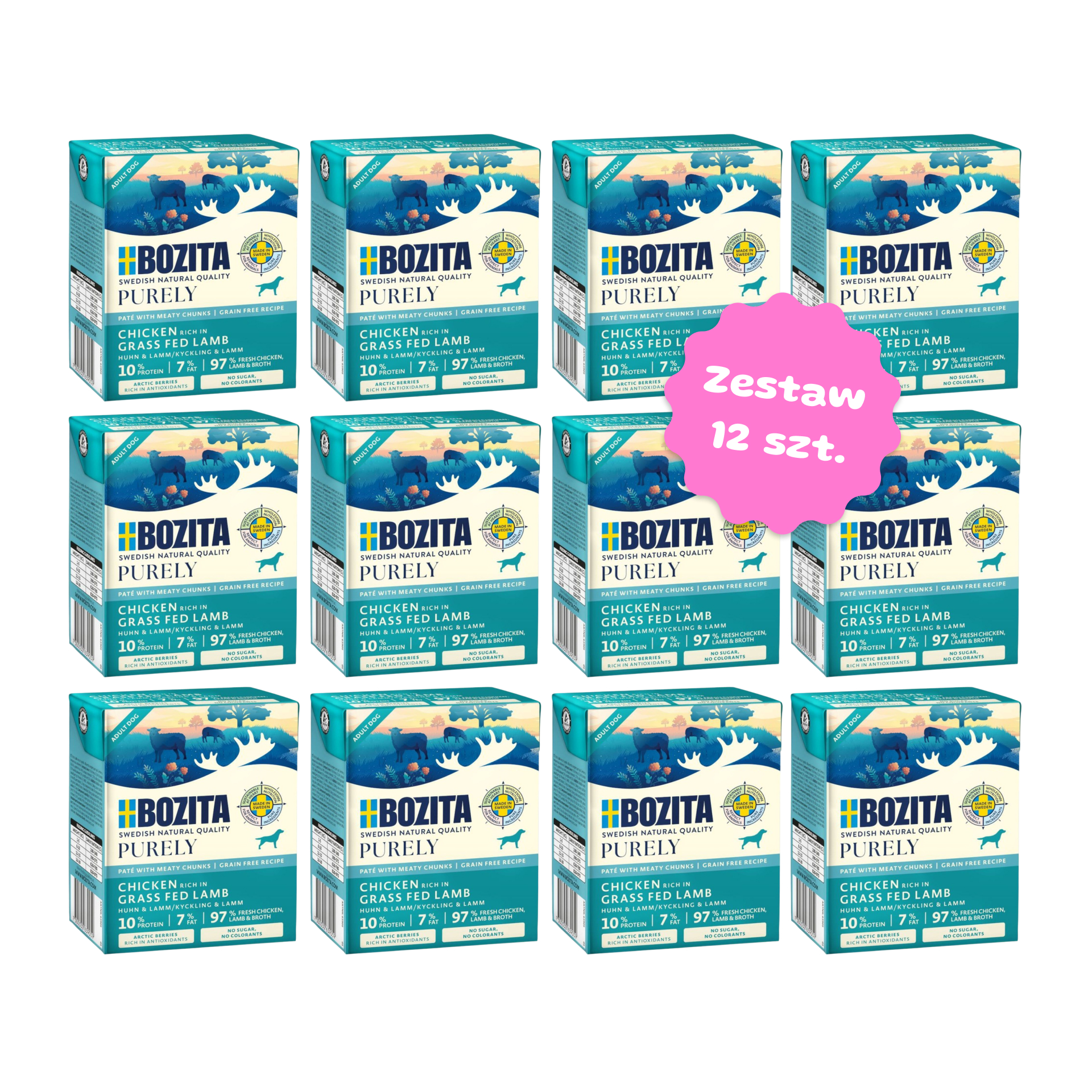 Zestaw 12 szt. kartoników karmy mokrej - BOZITA Purely Paté pasztecik dla psa z kurczakiem i jagnięciną - 12 szt. kartonik 370g 