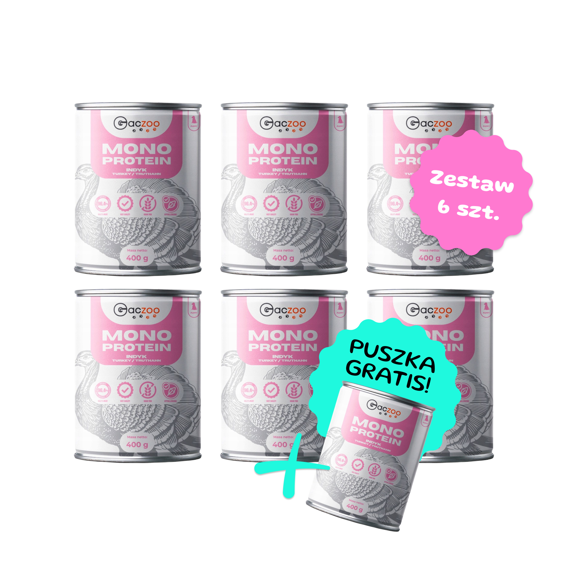 Zestaw 6 szt. puszek karmy mokrej monobiałkowej - Gaczoo Mono Protein Puppy Indyk - 6 szt. puszka 400g + puszka GRATIS!