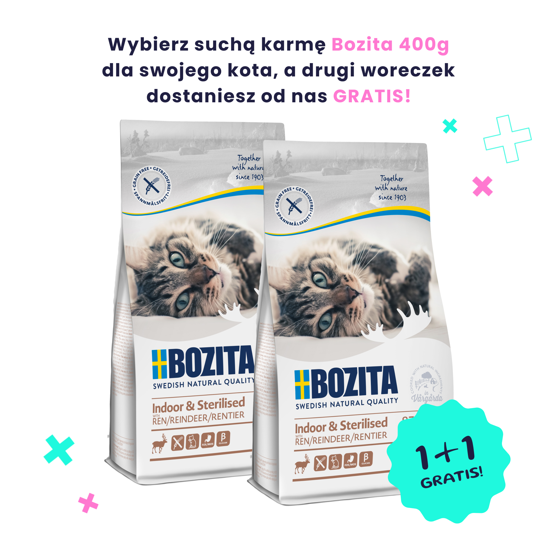 BOZITA Indoor & Sterilised Grain Free z reniferem 400g + 400g GRATIS!
