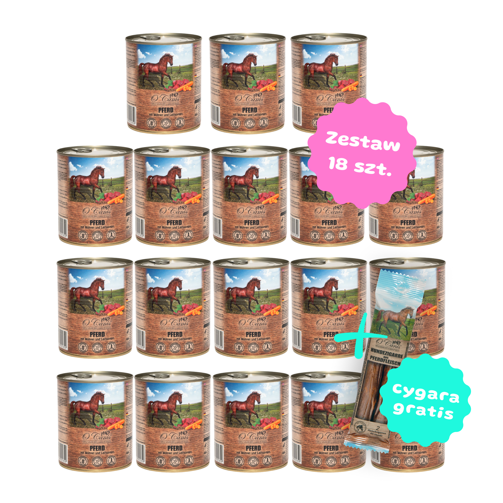 Zestaw 18 szt. puszek karmy mokrej monobiałkowej - O'Canis konina z warzywami i siemieniem lnianym - 18 szt. puszka 800g + 2 cygara GRATIS!