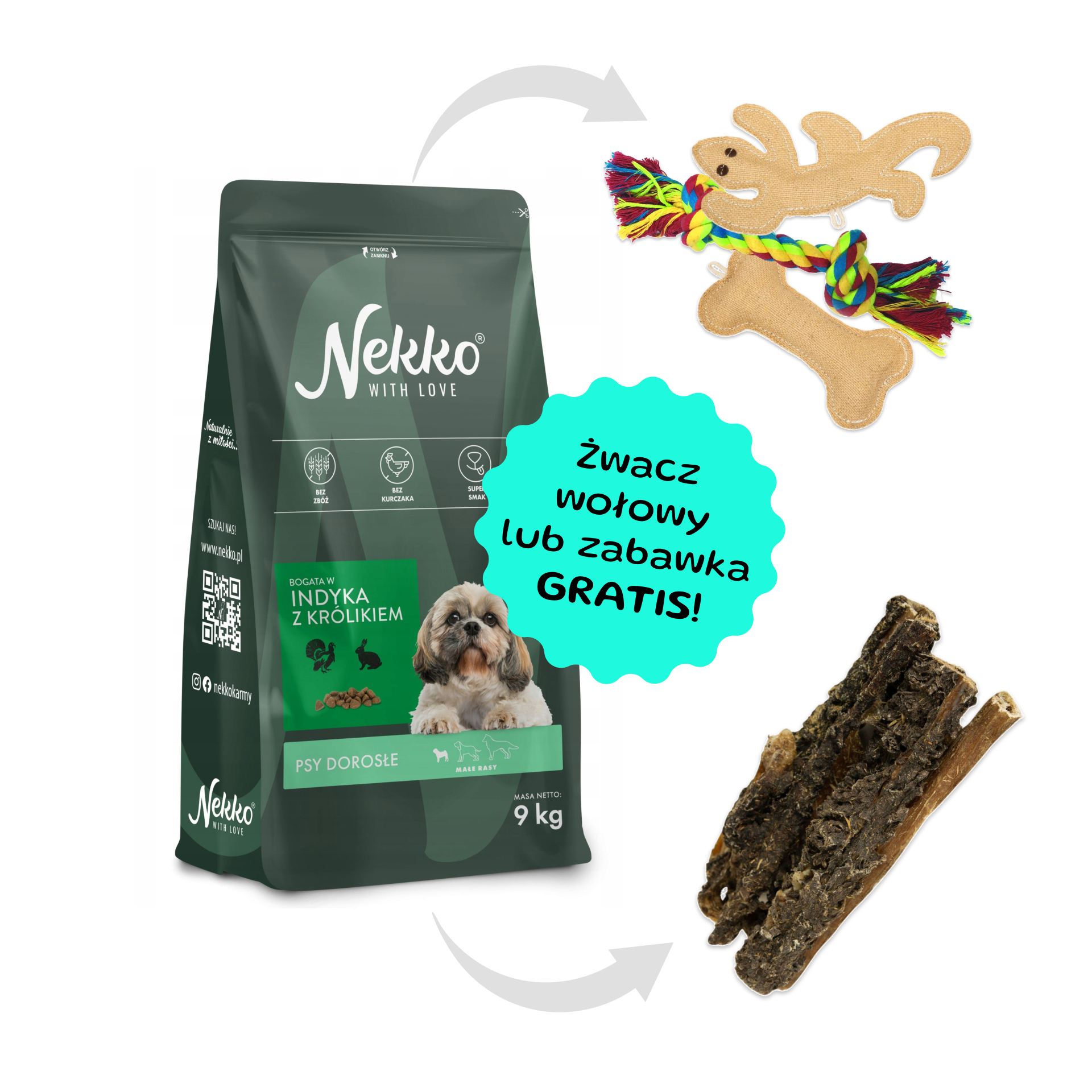 NEKKO Bezzbożowa karma sucha indyk z królikiem dla psów dorosłych małych ras 9kg + zabawka lub żwacz GRATIS!