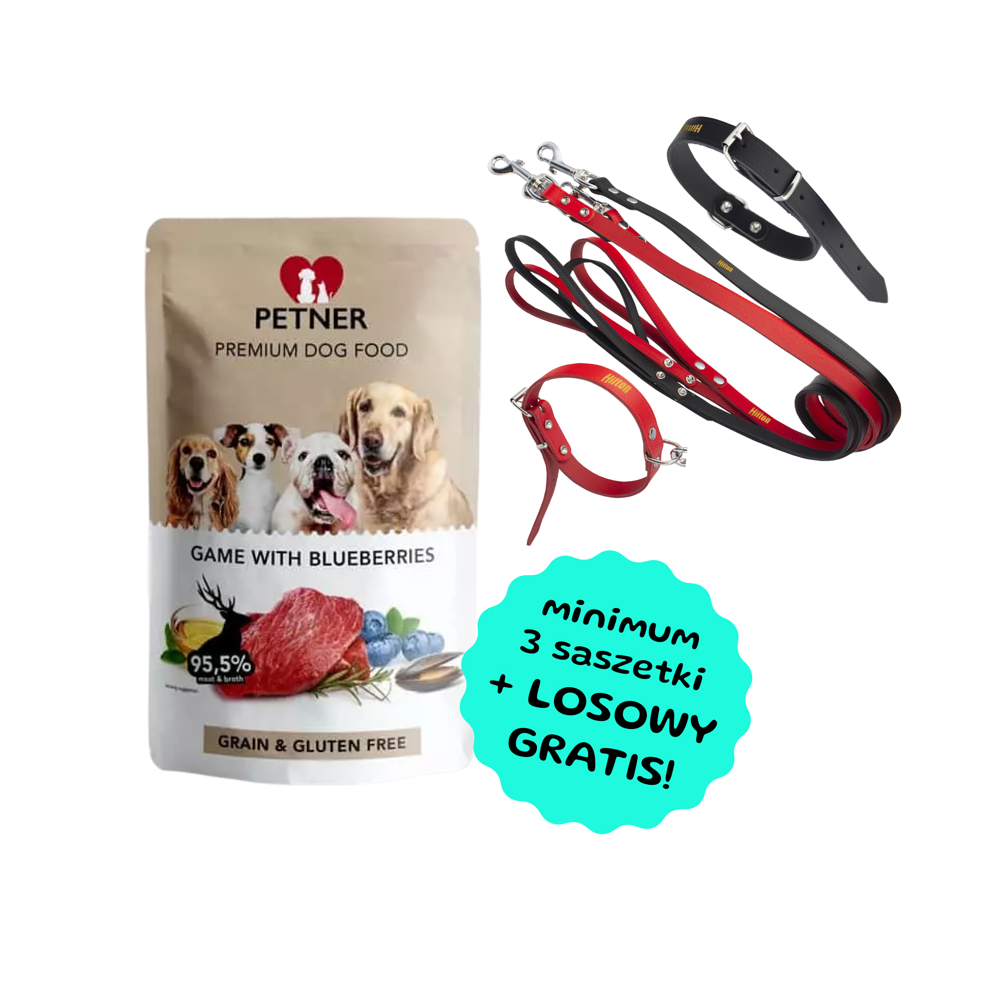 Petner Premium Dog Food game with blueberries dziczyzna z borówką karma mokra 500g - Smycz lub obroża GRATIS przy zakupie min. 3 saszetek Petner! Petner Premium Dog Food game with blueberries dziczyzna z borówką karma mokra 500g - Smycz lub obroża GRATIS przy zakupie min. 3 saszetek Petner!