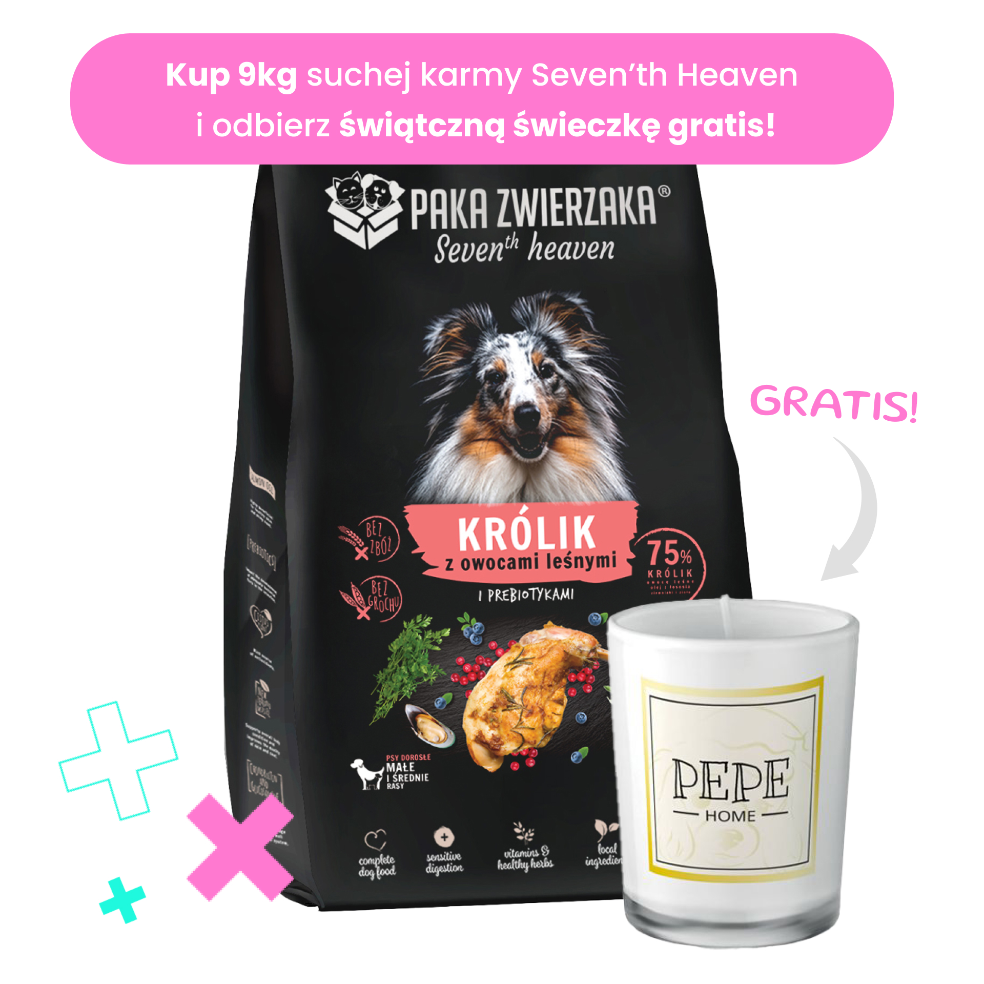 PAKA ZWIERZAKA sucha karma Seven’th Heaven Królik i owoce leśne dla małych ras 9kg +świeczka GRATIS!