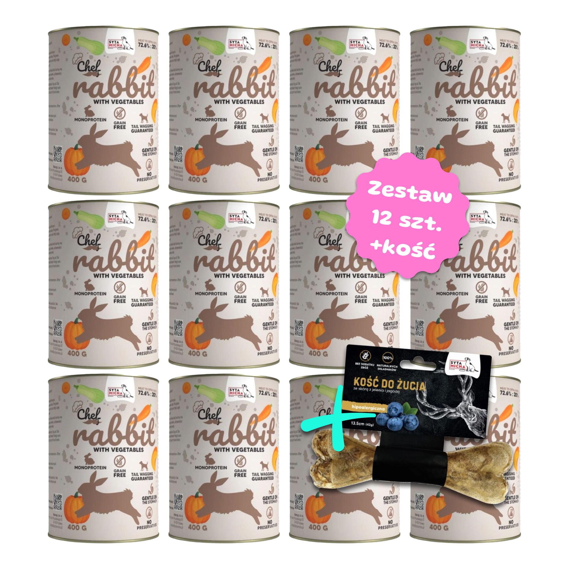 Zestaw 12 szt. puszek karmy mokrej - Syta Micha CHEF Królik z warzywami - 12 szt. puszka 400g + Kość do żucia 13,5cm