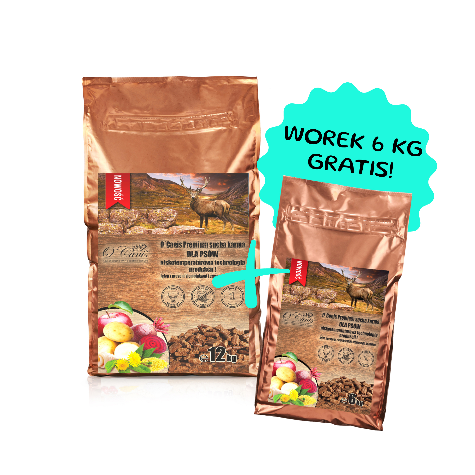 O'Canis sucha karma premium dla psa z jeleniem, prosem, czerwonym burakiem i jabłkiem 12kg + worek 6kg GRATIS!