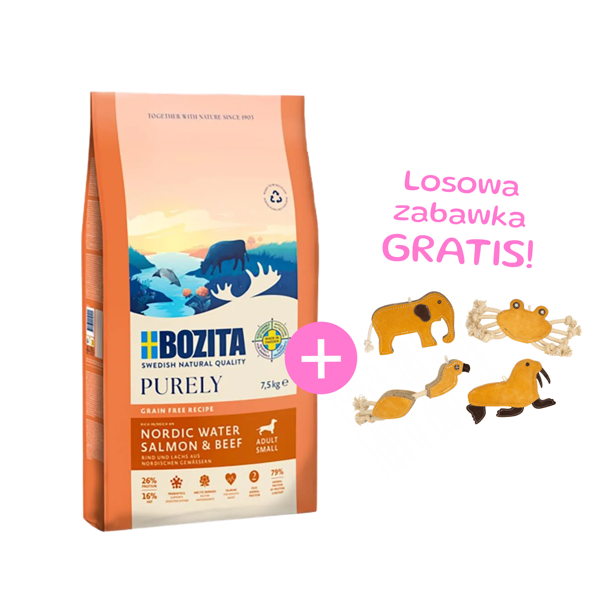 Bozita Purely Adult Small bezzbożowa karma z łososiem i wołowiną 7,5kg