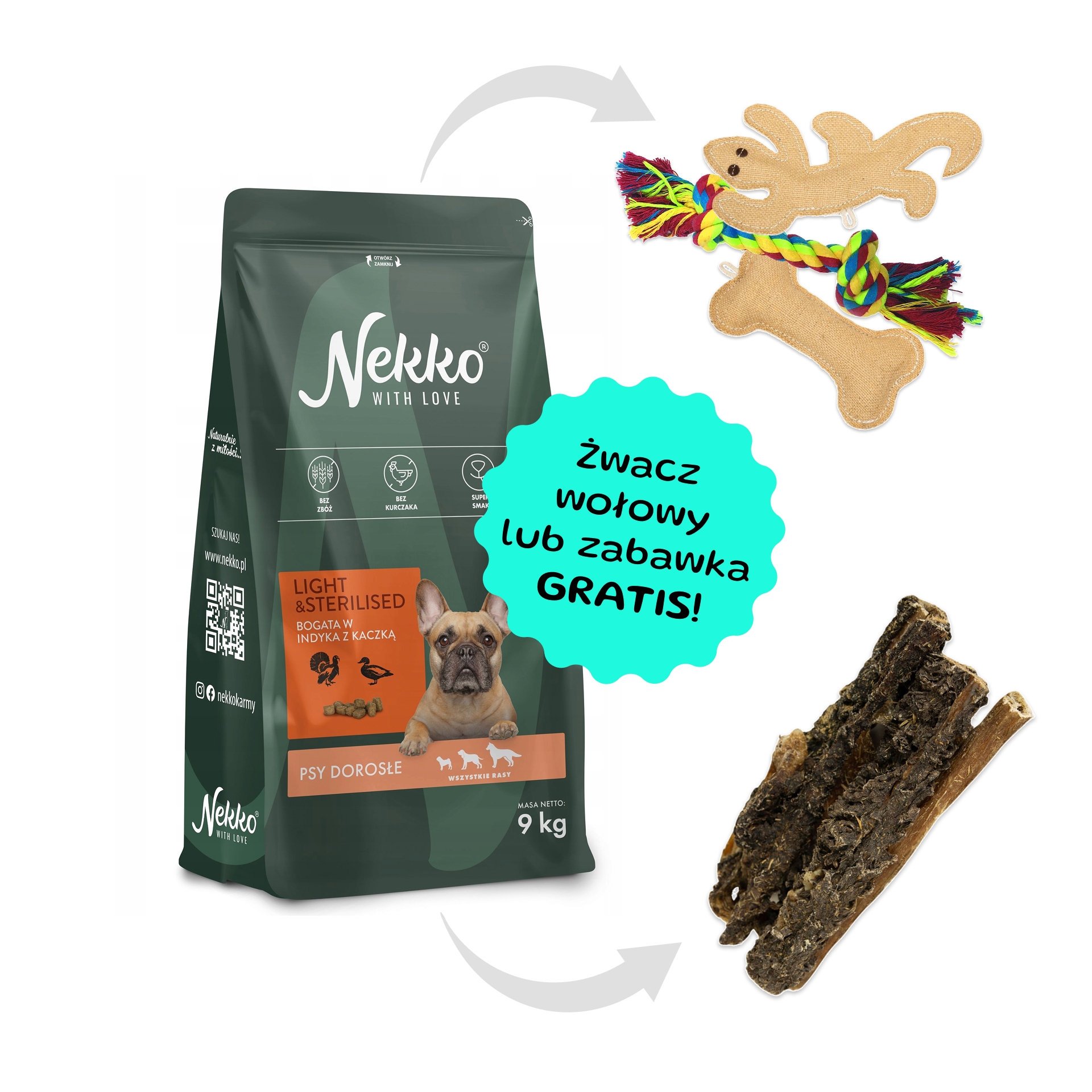 NEKKO Light&Sterilised Bezzbożowa karma sucha indyk z kaczką dla psów dorosłych wszystkich ras 9kg + zabawka lub żwacz GRATIS!