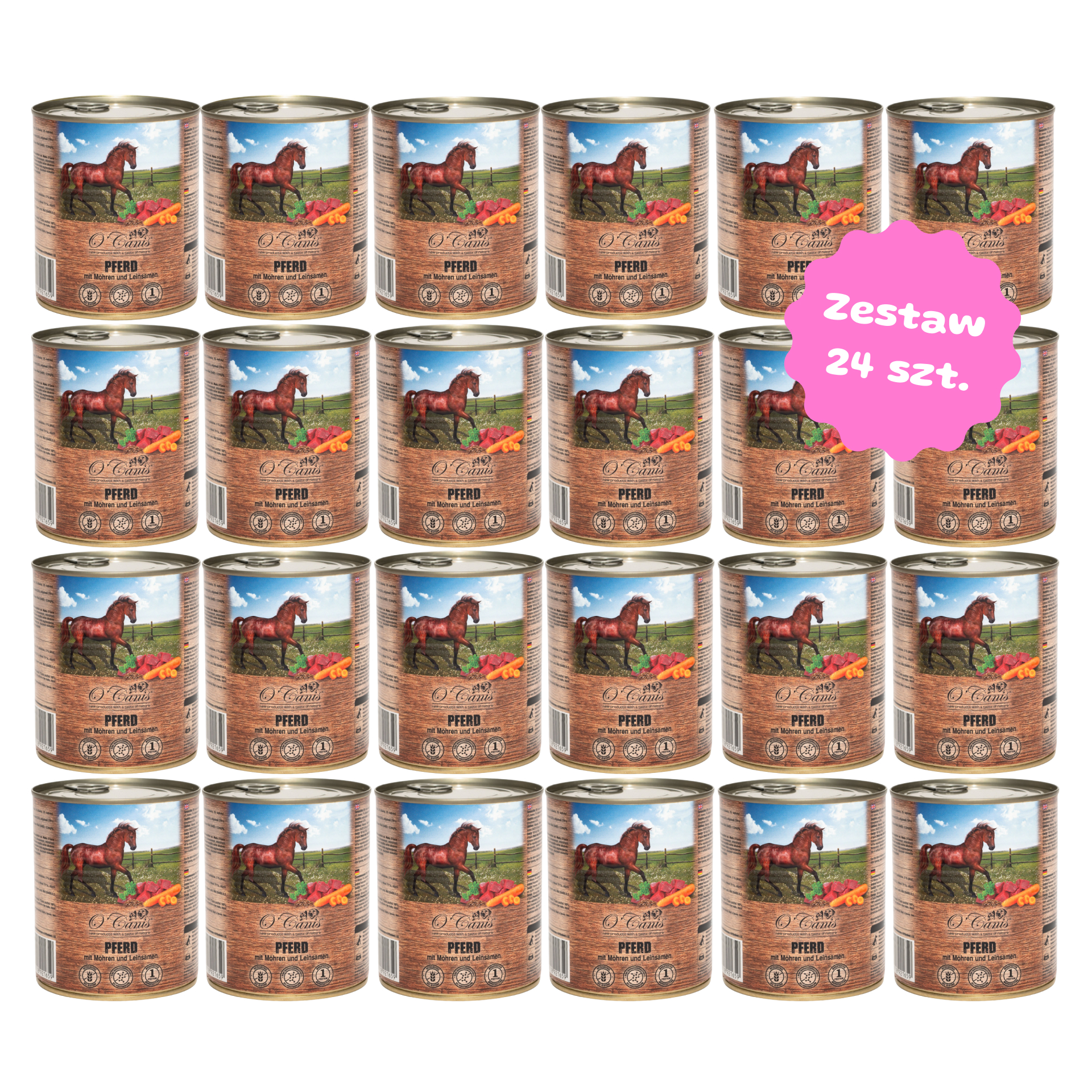 Zestaw 24 szt. puszek karmy mokrej monobiałkowej - O'Canis konina z warzywami i siemieniem lnianym - 24 szt. puszka 800g