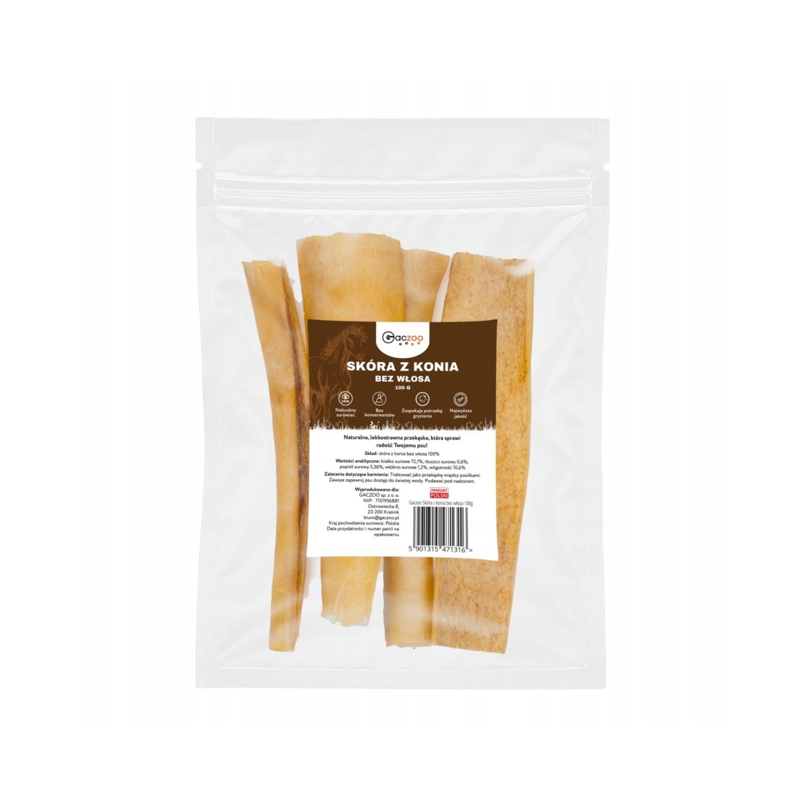 Gaczoo Skóra z konia bez włosa suszony gryzak naturalny przysmak dla psa 100g