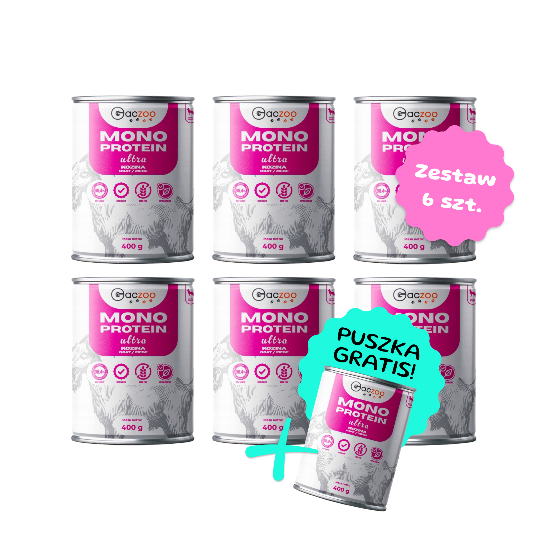 Zestaw 6 szt. puszek karmy mokrej monobiałkowej - Gaczoo Ultra Light Kozina - 6 szt. puszka 400g + puszka GRATIS!