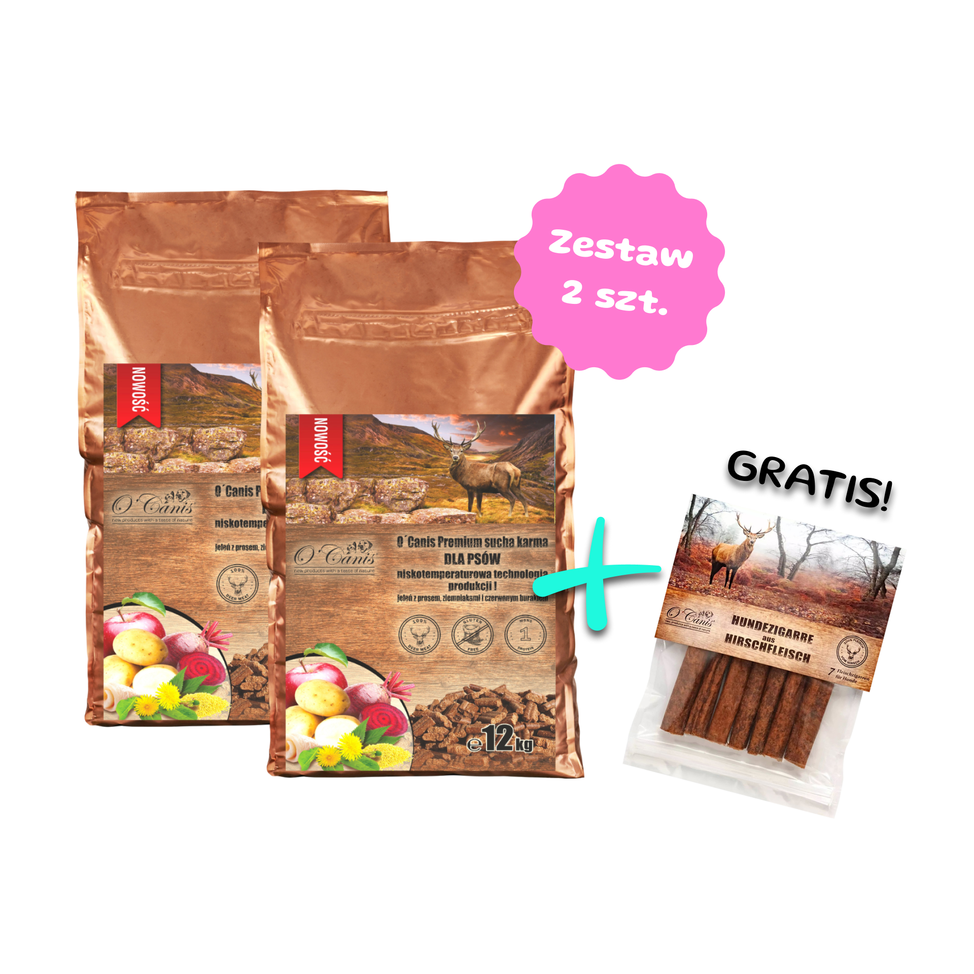 Zestaw 2 karm 12kg - O'Canis sucha karma premium dla psa z jeleniem, prosem, czerwonym burakiem i jabłkiem - 2 szt worek 12kg  + Cygara z Jelenia 180g GRATIS!
