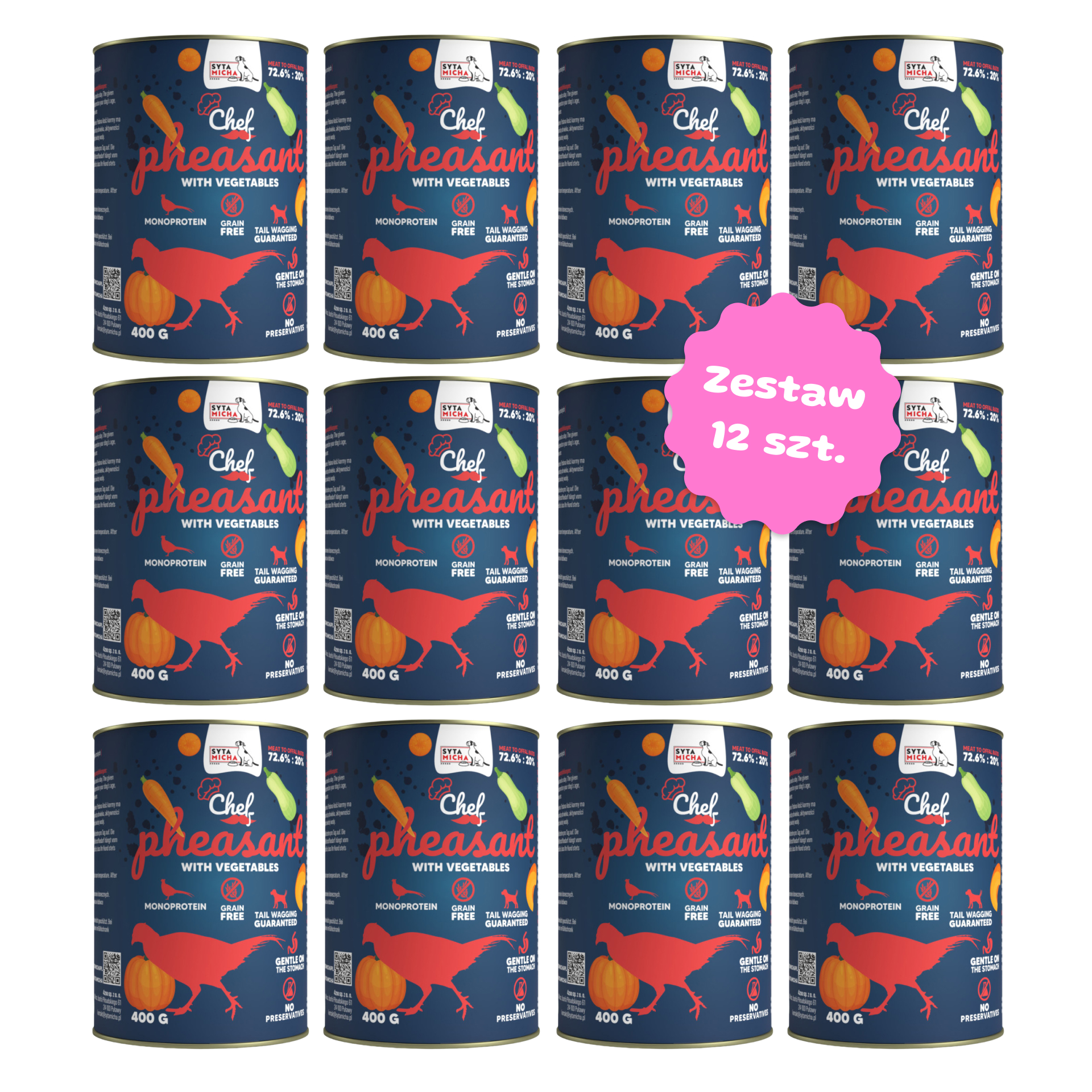 Zestaw 12 szt. puszek karmy mokrej monobiałkowej - Syta Micha CHEF Bażant - 12 szt. puszka 400g