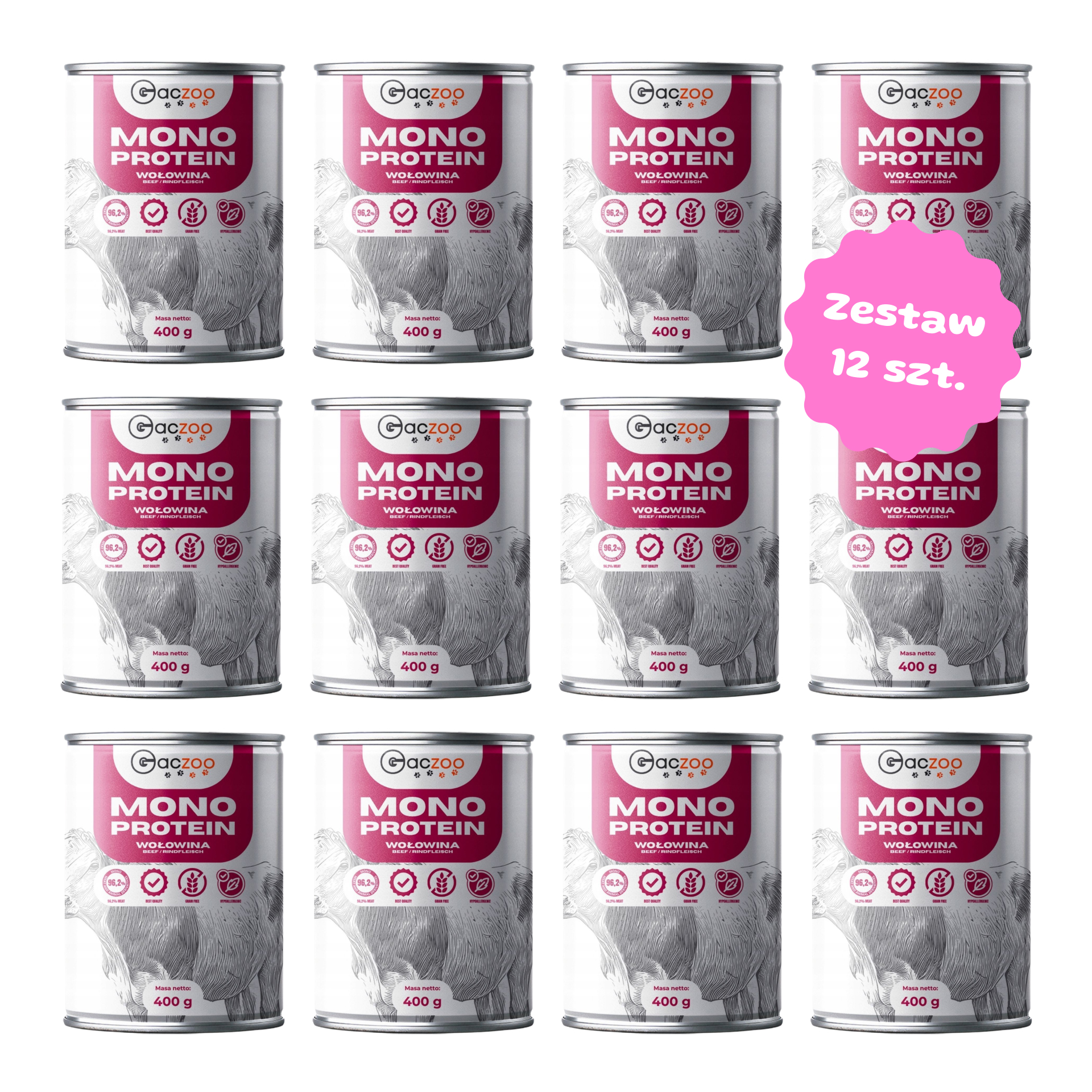 Zestaw 12 szt. puszek karmy mokrej monobiałkowej - Gaczoo Mono Protein Wołowina - 12 szt. puszka 400g