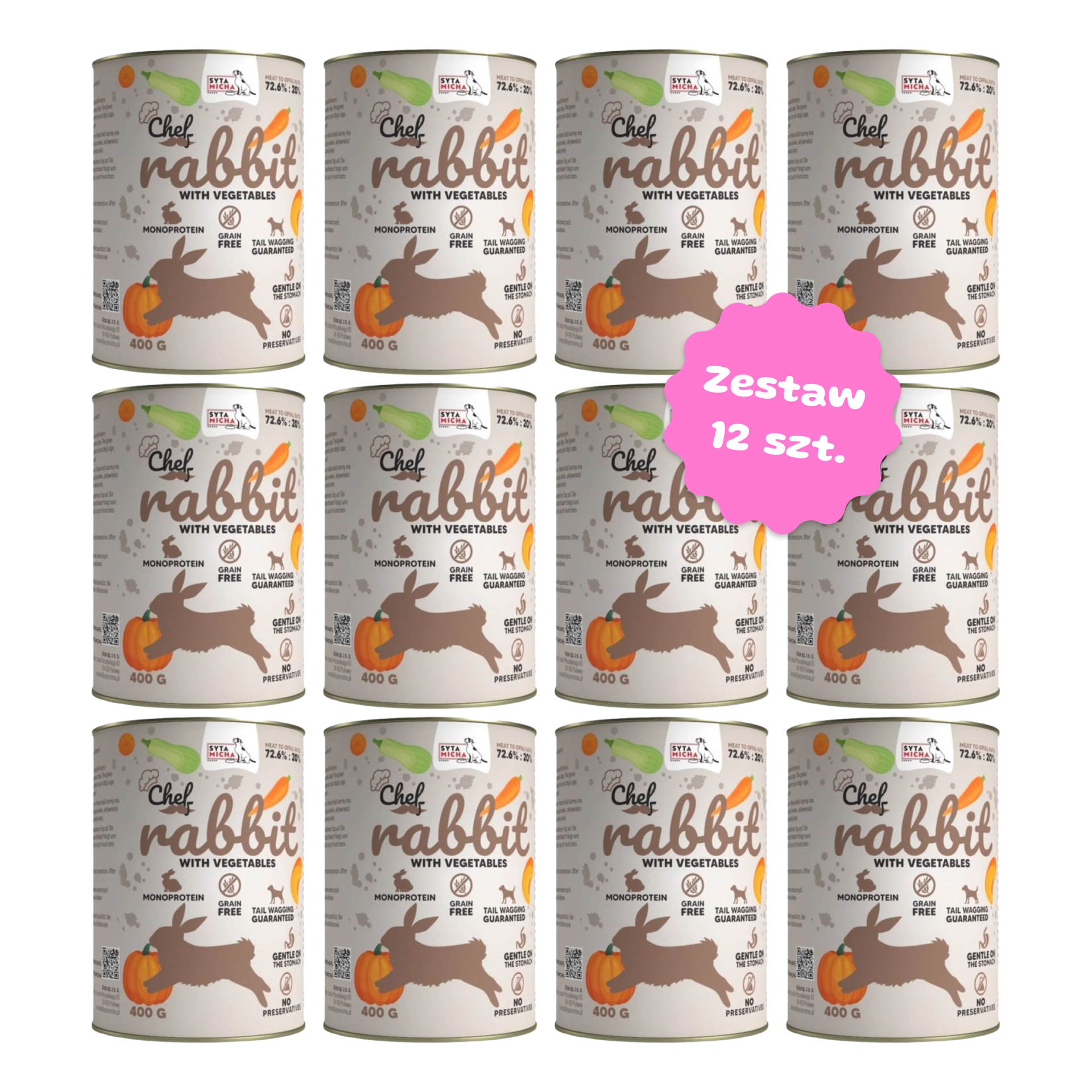 Zestaw 12 szt. puszek karmy mokrej monobiałkowej - Syta Micha CHEF Królik - 12 szt. puszka 400g
