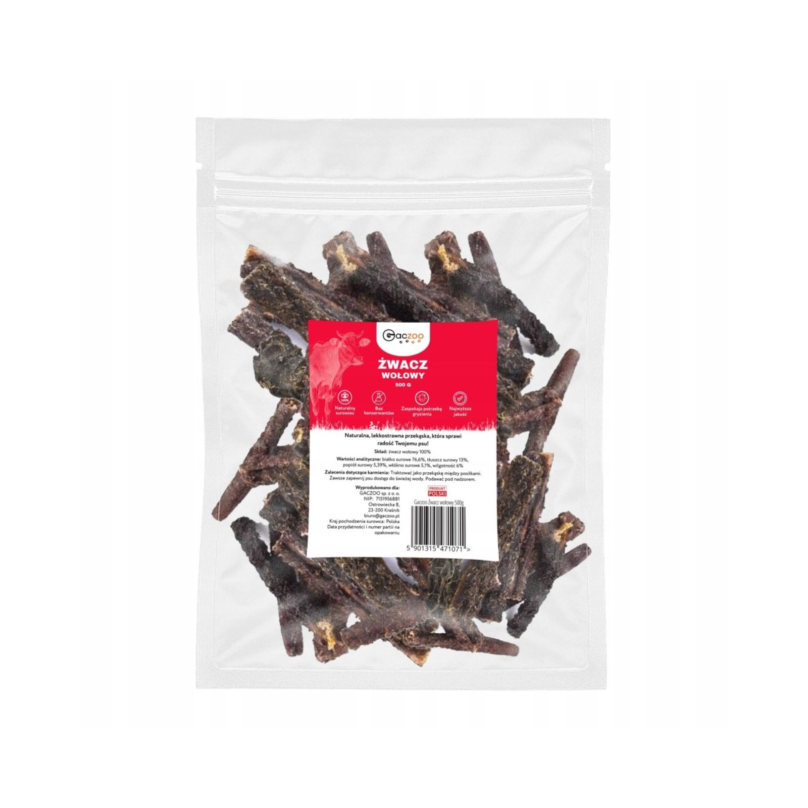 Gaczoo Żwacz Wołowy suszony gryzak naturalny przysmak dla psa 500g