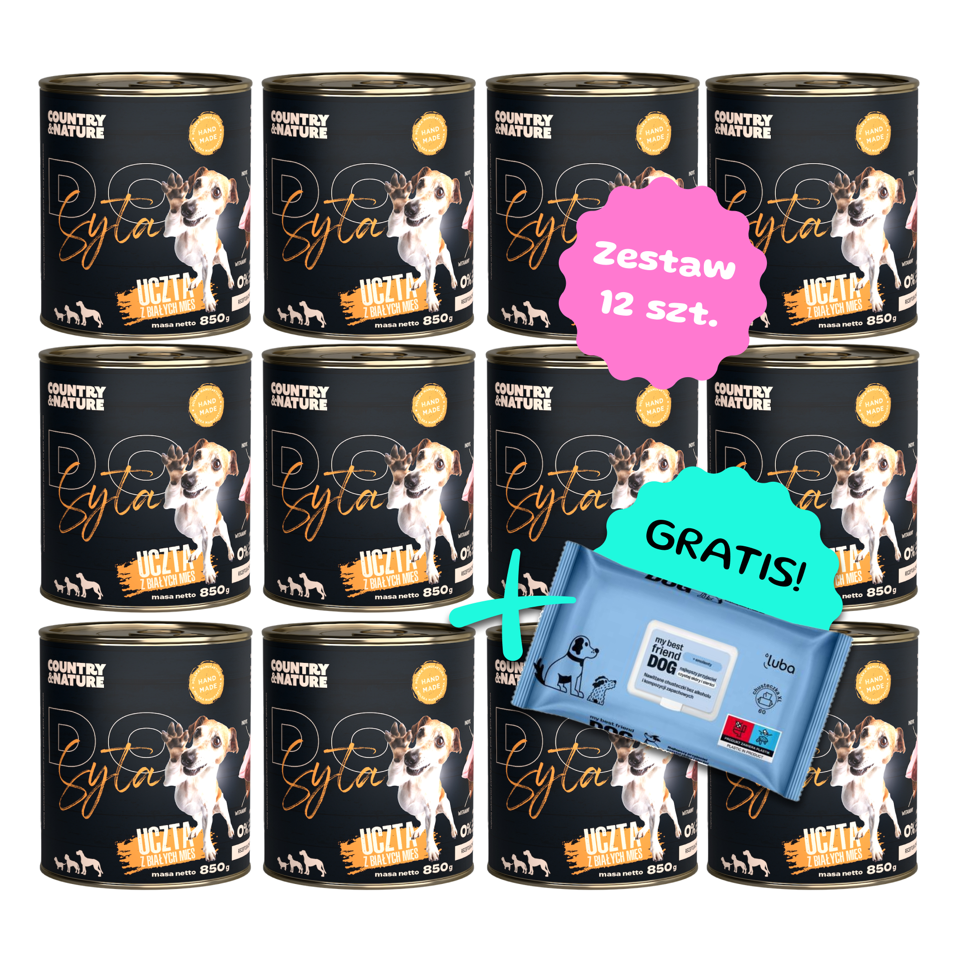 Zestaw 12 szt. puszek karmy mokrej - COUNTRY&NATURE DO SYTA uczta z białych mięs - 12 szt. puszka 850g + Mokre chusteczki dla psa GRATIS! 
