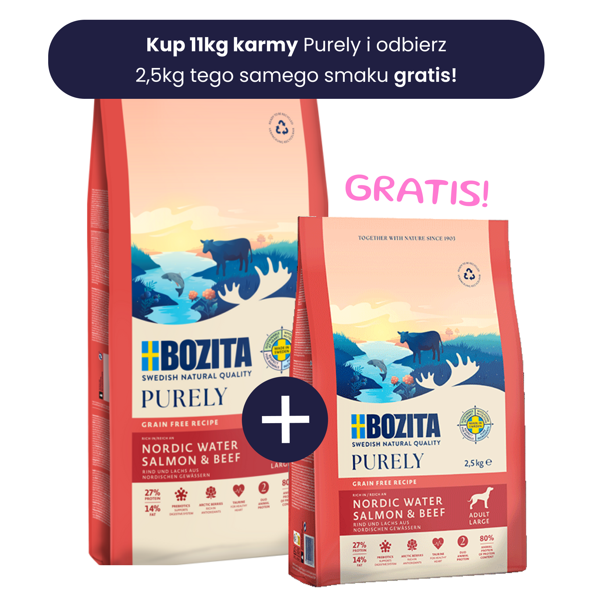 Bozita Purely Adult Large bezzbożowa karma z łososiem i wołowiną 11kg