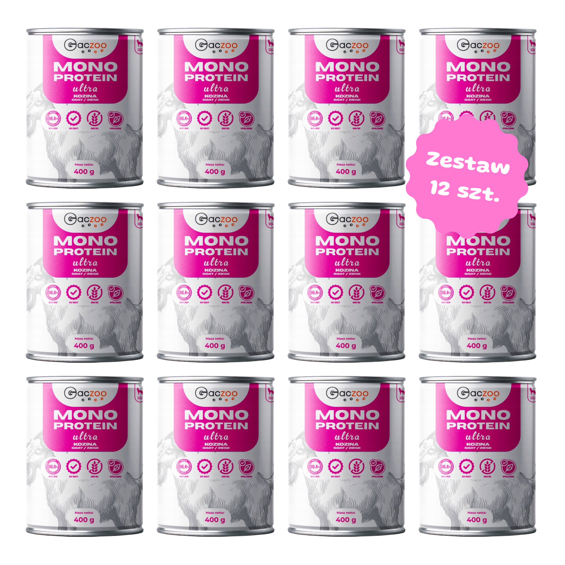 Zestaw 12 szt. puszek karmy mokrej monobiałkowej - Gaczoo Ultra Light Kozina - 12 szt. puszka 400g