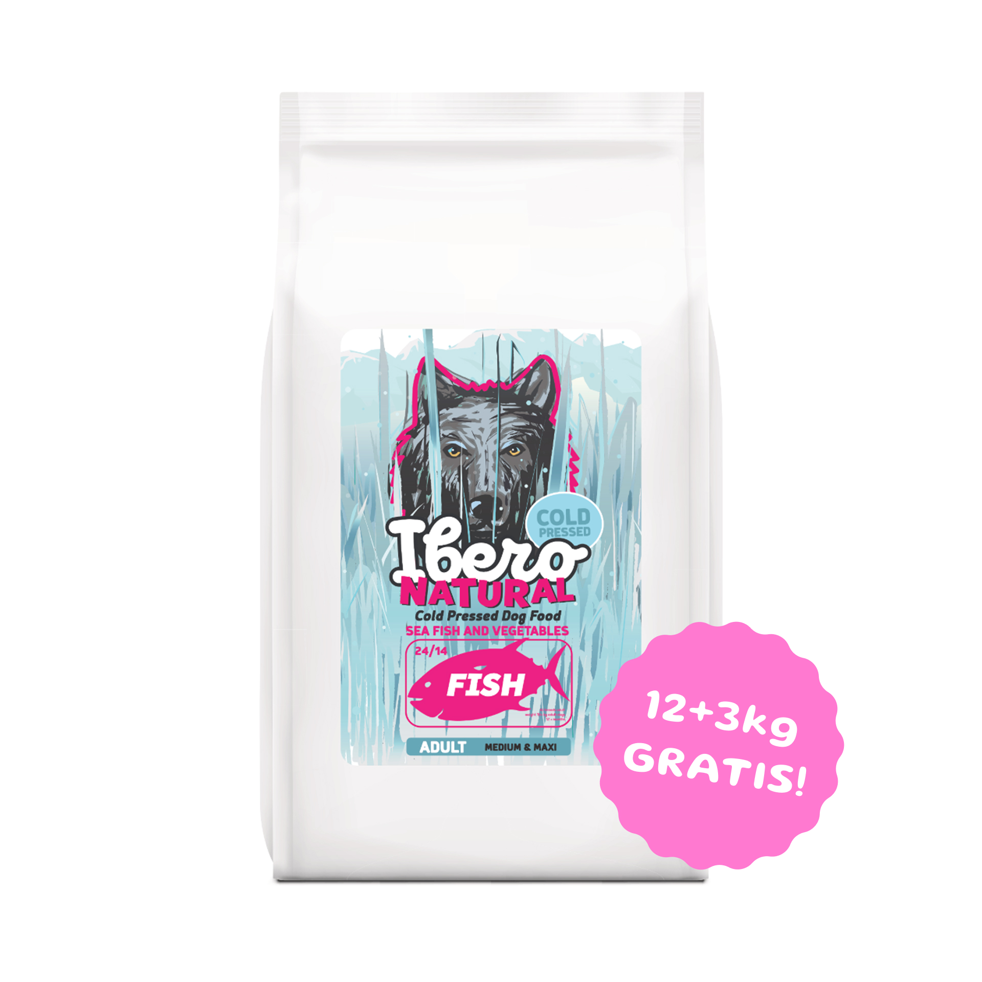 Ibero Cold Press Dog Adult Medium/Large Fish karma tłoczona na zimno dla średnich i dużych psów z rybą 12kg + 3kg GRATIS!