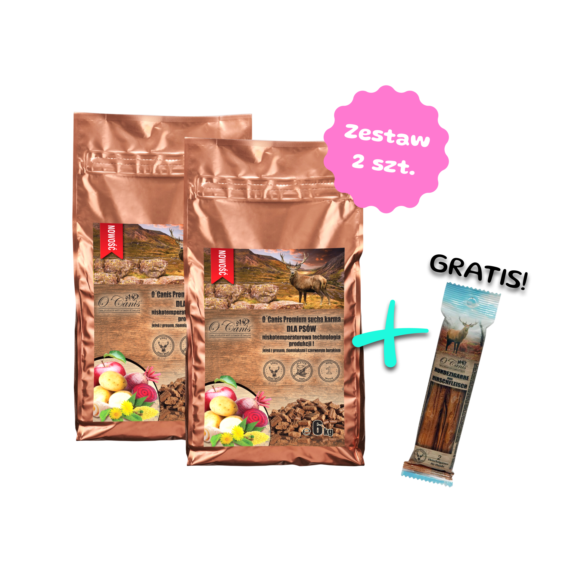 Zestaw 2 karm 6kg - O'Canis sucha karma premium dla psa z jeleniem, prosem, czerwonym burakiem i jabłkiem - 2 szt worek 6kg + Cygara z Jelenia 50g GRATIS!