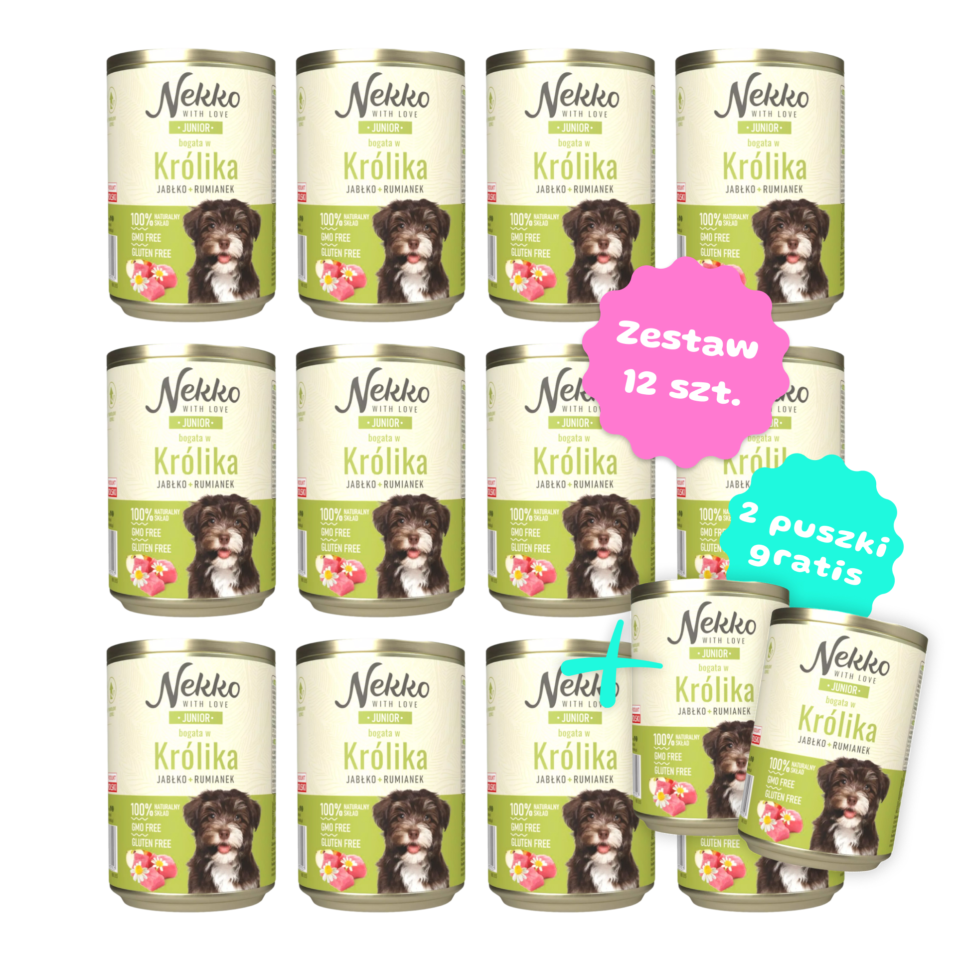 Zestaw 12 szt. puszek karmy mokrej - NEKKO Junior Królik, jabłko, rumianek - 12 szt. puszka 400g + 2 puszki GRATIS!