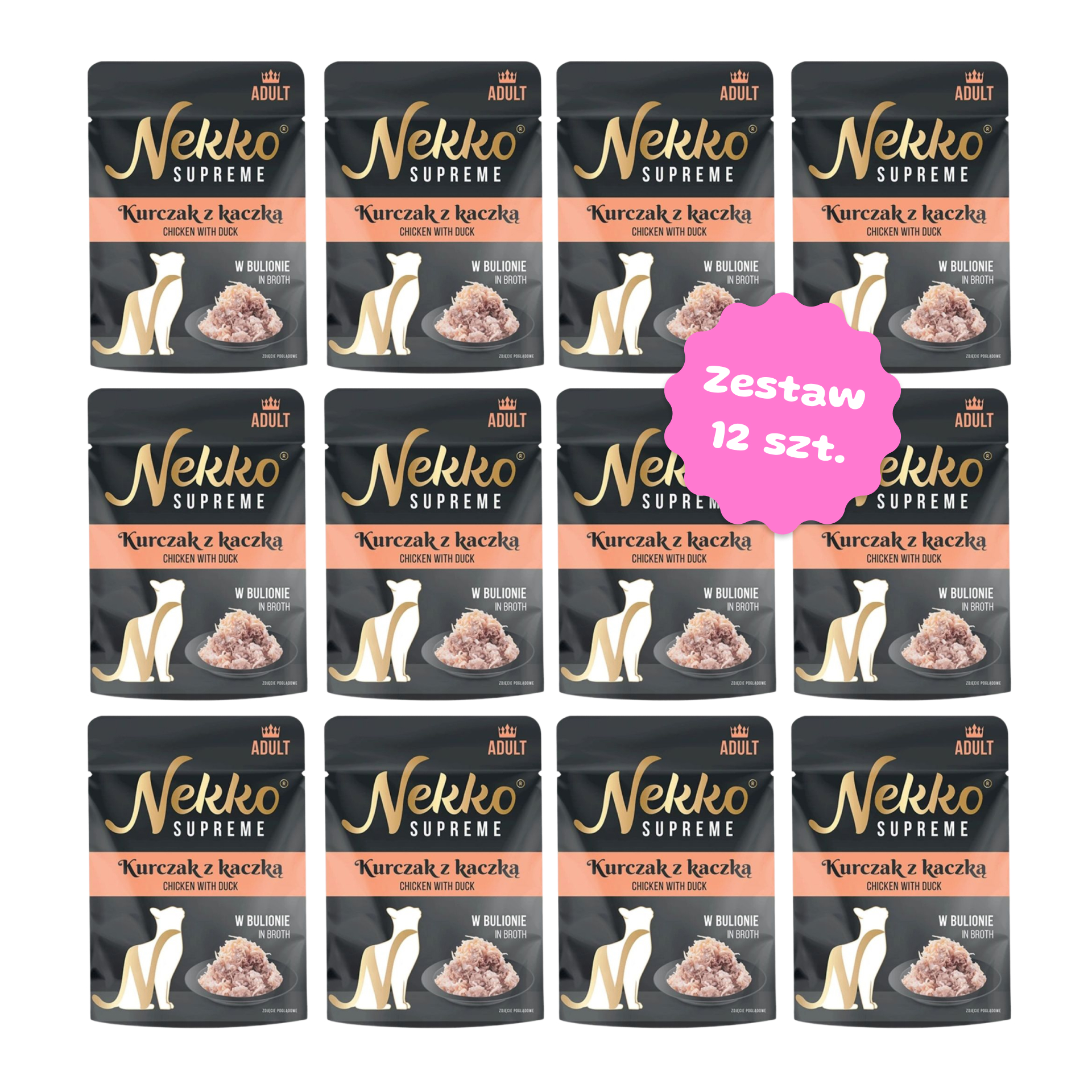 Zestaw 12 szt. saszetek dla kota - NEKKO SUPREME Adult Kurczak z kaczką w bulionie - 12 szt. saszetka 70g