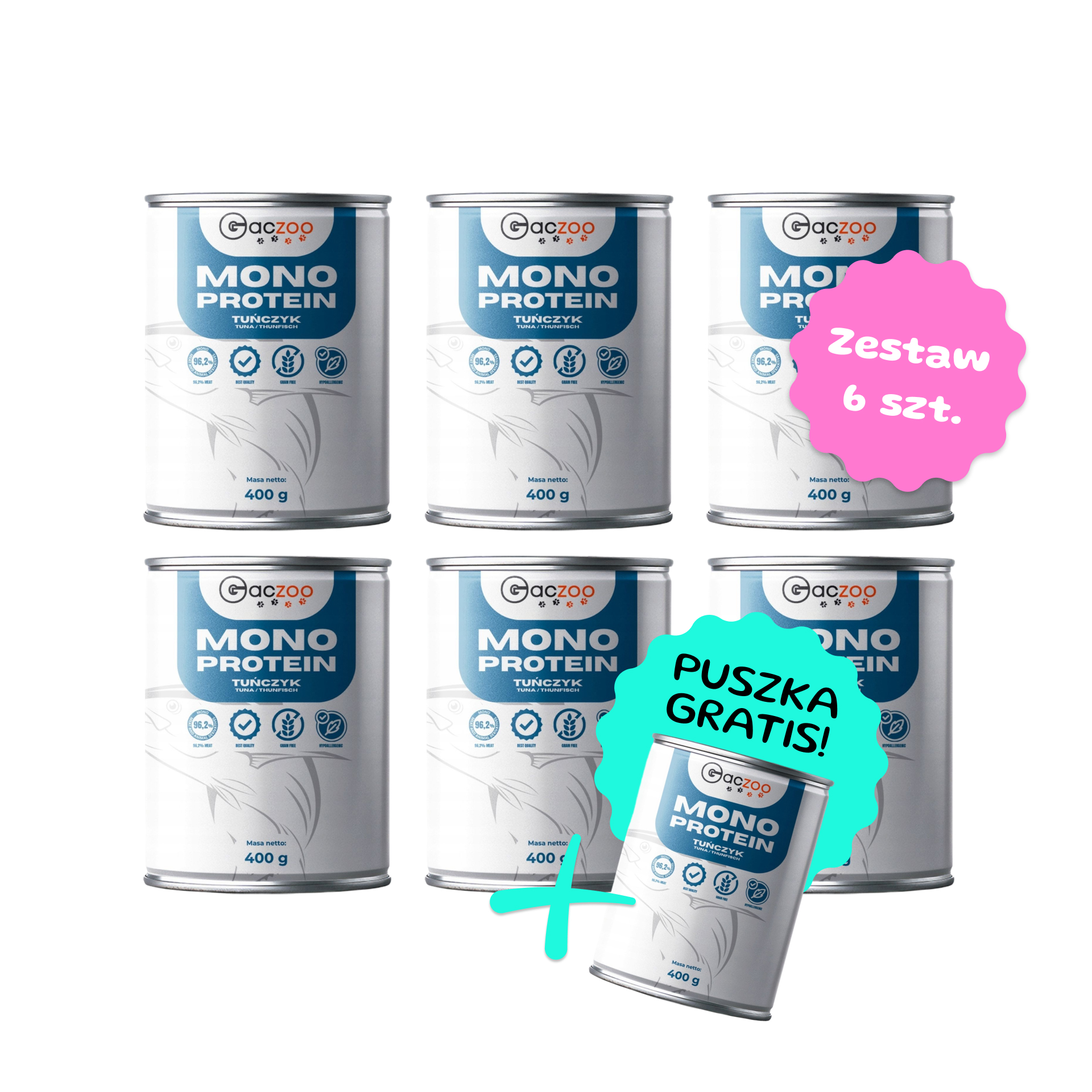 Zestaw 6 szt. puszek karmy mokrej monobiałkowej - Gaczoo Mono Protein Tuńczyk - 6 szt. puszka 400g + puszka GRATIS!