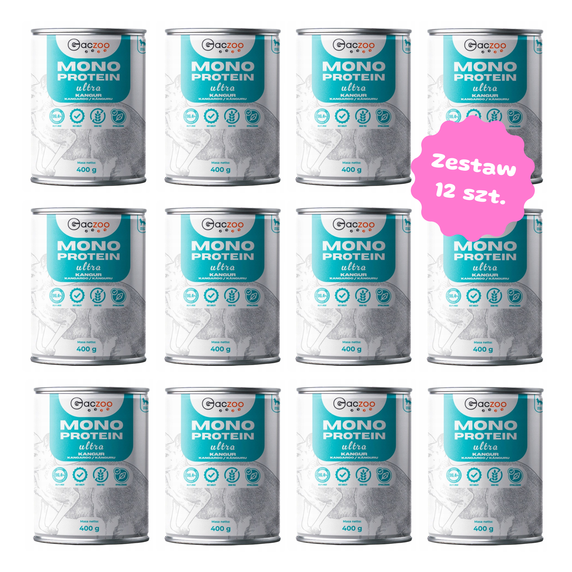 Zestaw 12 szt. puszek karmy mokrej monobiałkowej - Gaczoo Ultra Light Kangur - 12 szt. puszka 400g