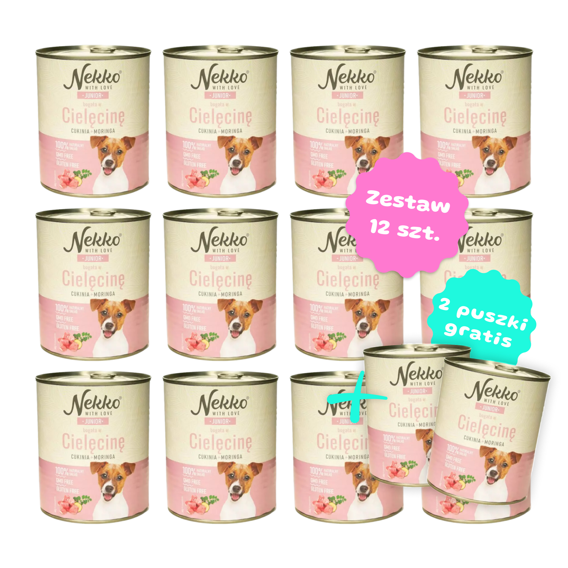Zestaw 12 szt. puszek karmy mokrej - NEKKO Junior Cielęcina, cukinia, moringa - 12 szt. puszka 800g + 2 puszki GRATIS!