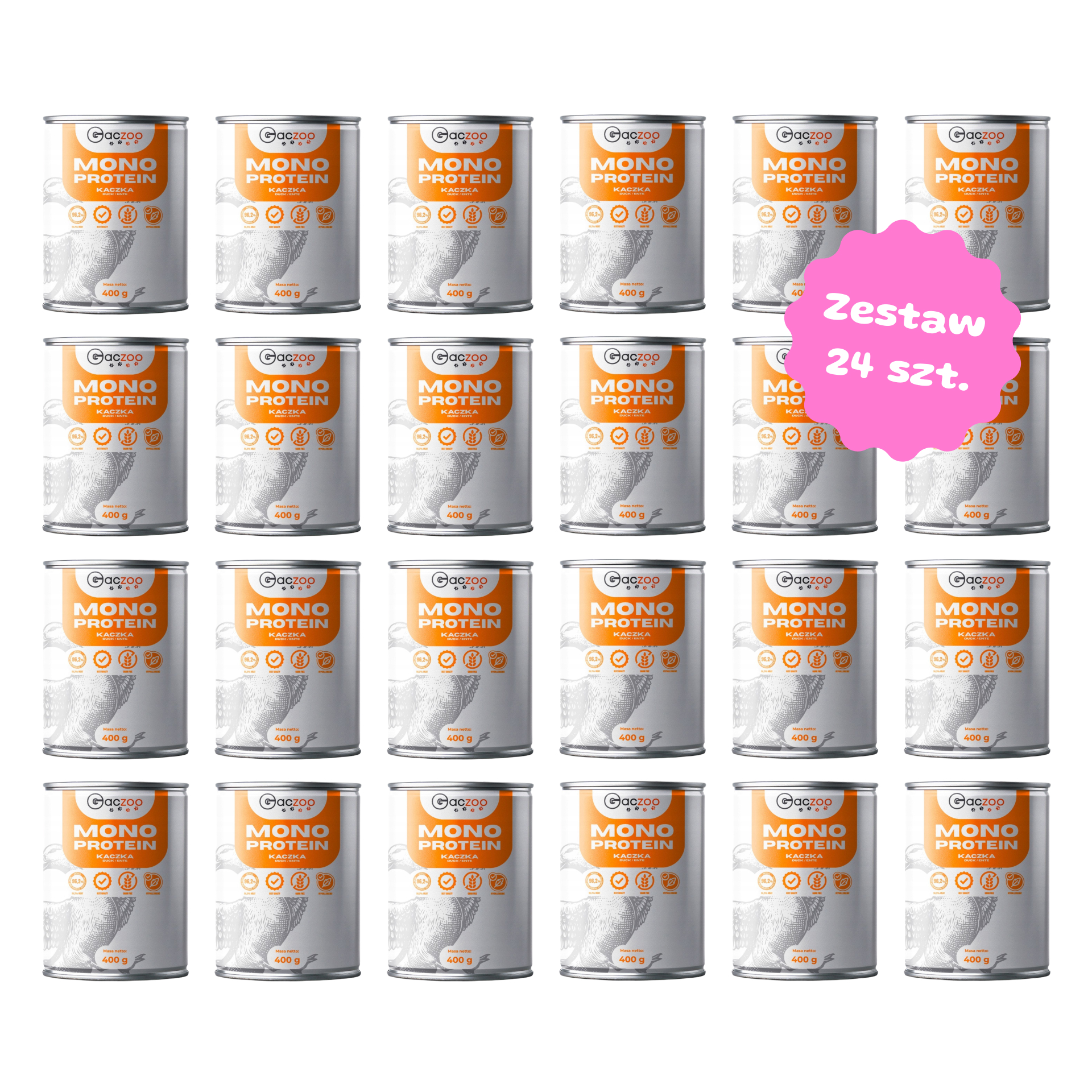 Zestaw 24 szt. puszek karmy mokrej monobiałkowej - Gaczoo Mono Protein Kaczka - 24 szt. puszka 400g
