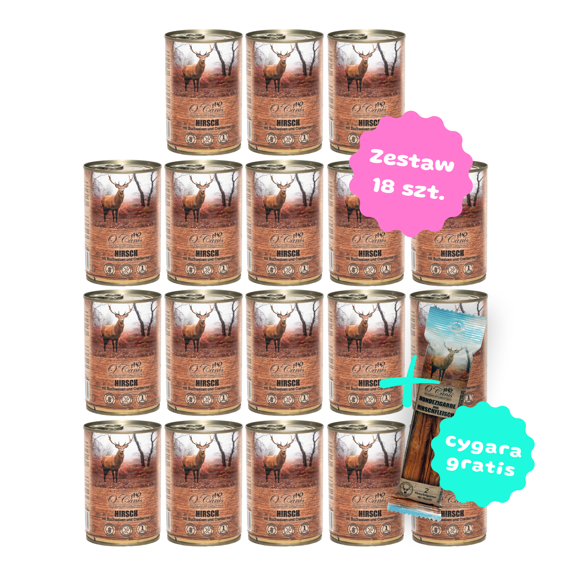 Zestaw 18 szt. puszek karmy mokrej monobiałkowej - O'Canis jeleń z kaszą gryczaną - 18 szt. puszka 400g + 2 cygara GRATIS!