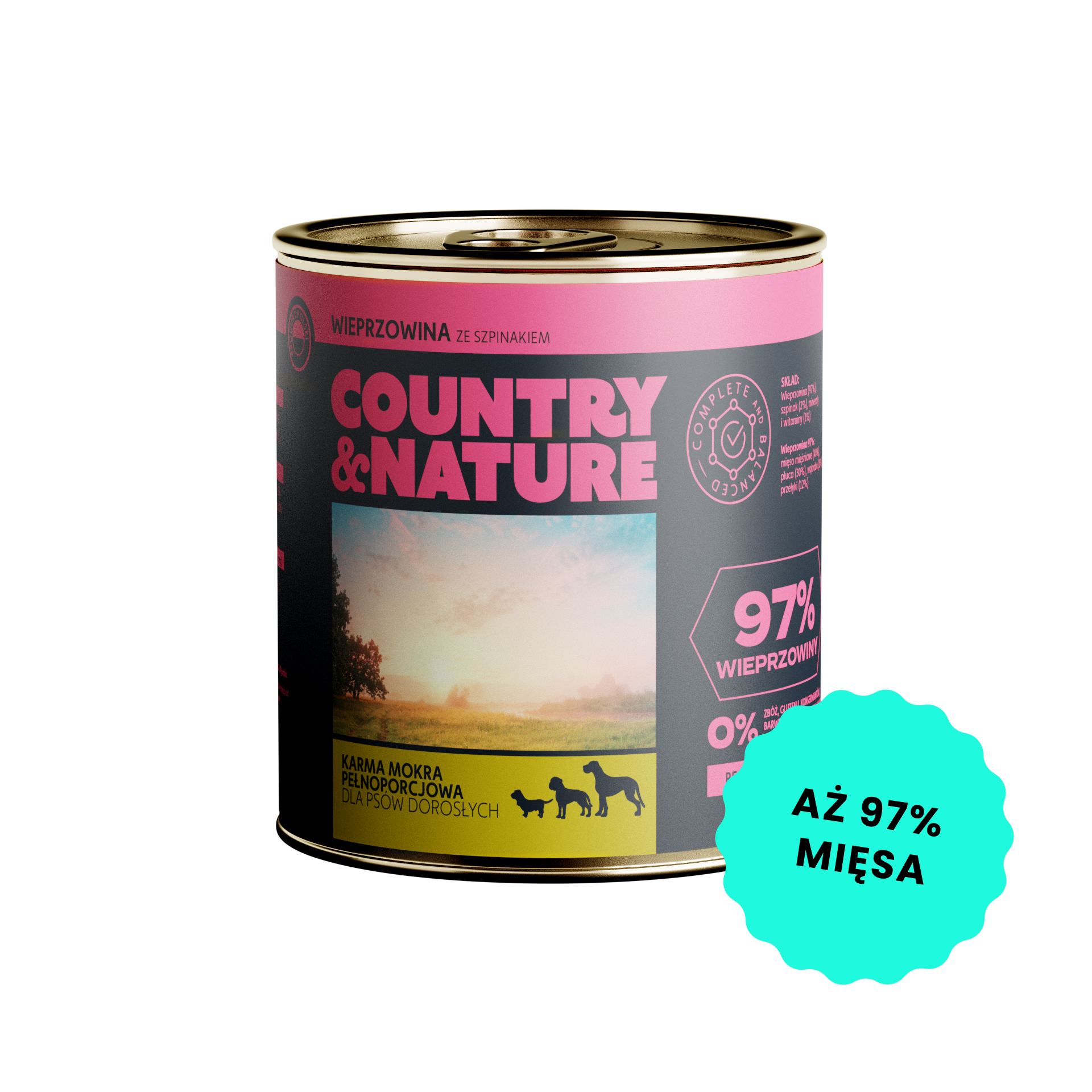 COUNTRY&NATURE Bezzbożowa mokra karma - wieprzowina ze szpinakiem 850g