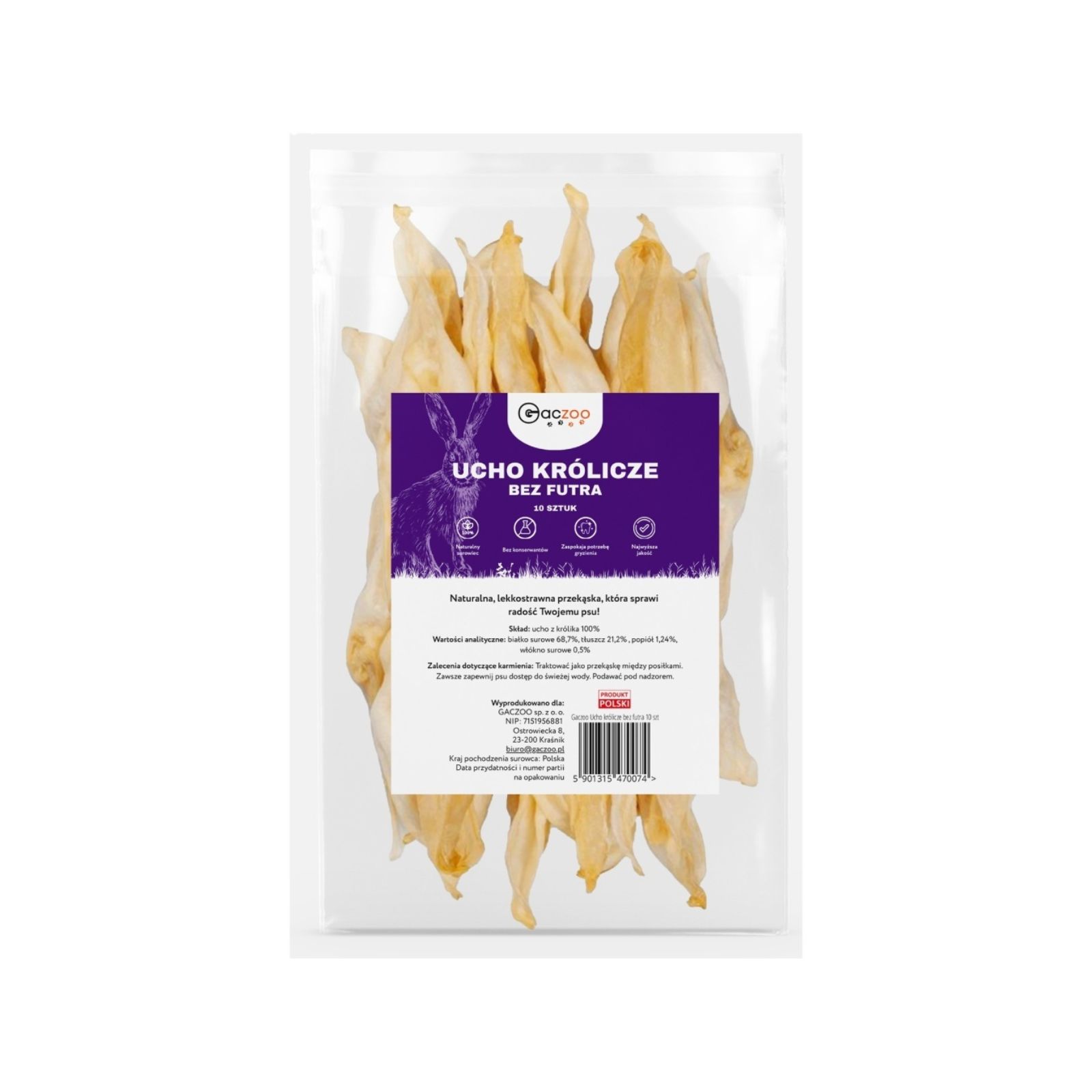 Gaczoo Ucho Królicze bez futra naturalny gryzak przysmak dla psa 2szt