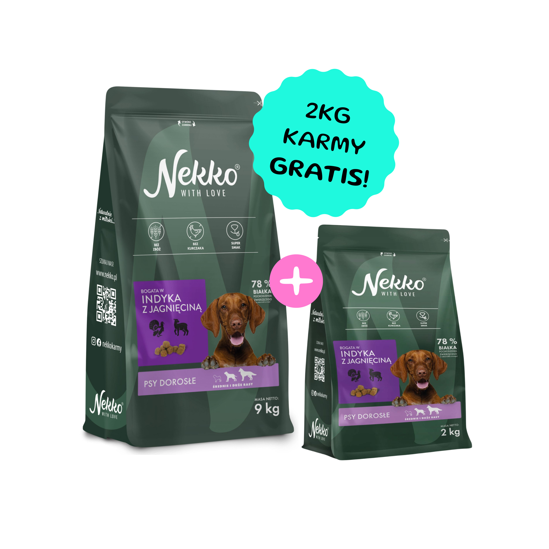 NEKKO Bezzbożowa karma sucha indyk z jagnięciną dla psów dorosłych średnich i dużych ras 9kg + 2kg GRATIS!