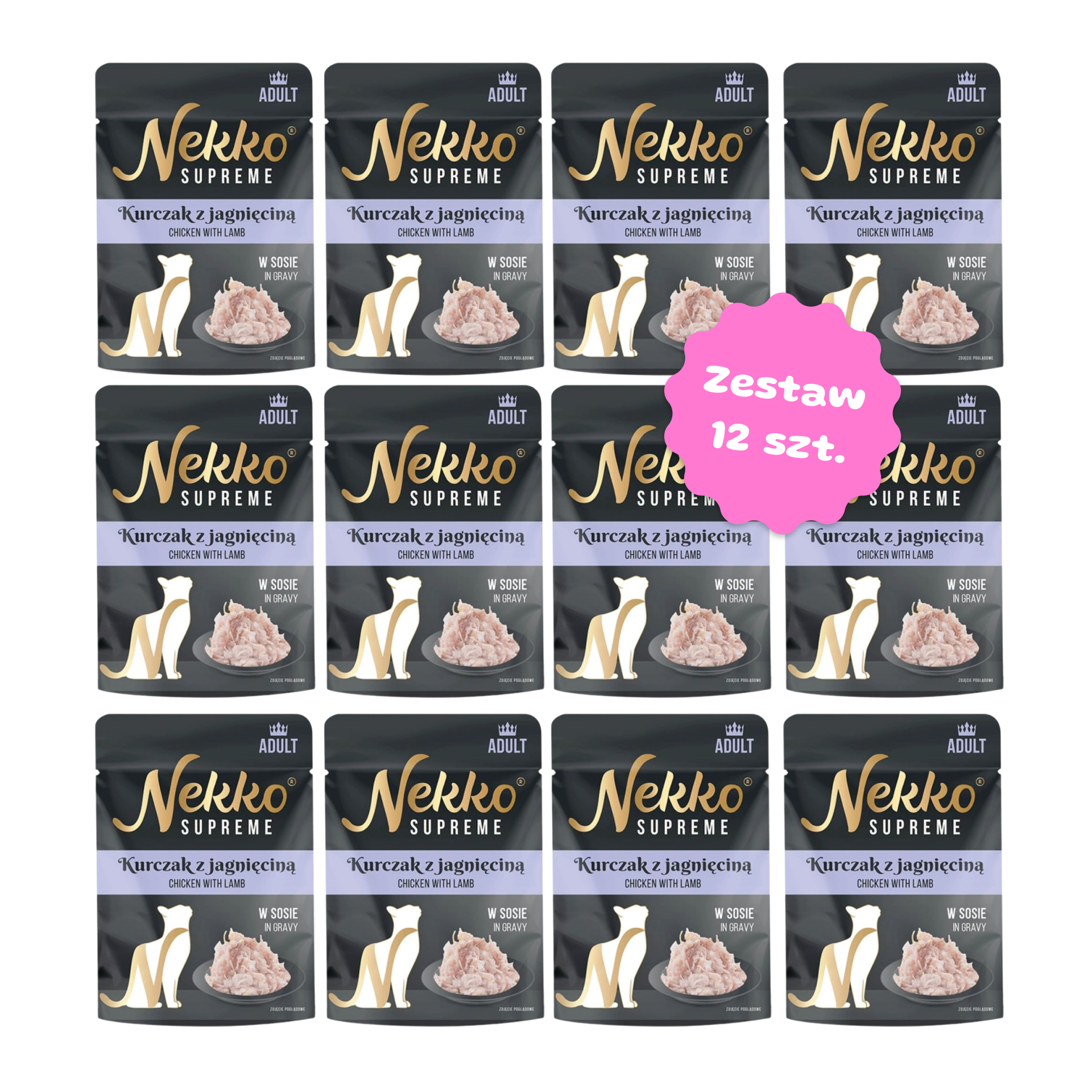 Zestaw 12 szt. saszetek dla kota - NEKKO SUPREME Adult Kurczak z jagnięciną w sosie - 12 szt. saszetka 70g